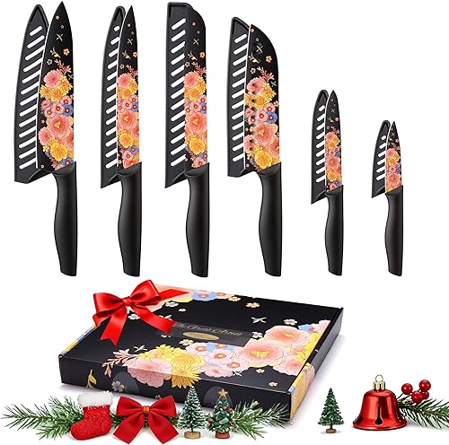 Miniatura 10 de Marco Almond Juego de cuchillos de cocina con diseño artístico, 6 cuchillos de acero inoxidable con 6 protectores de cuchillas, cuchillos aptos para