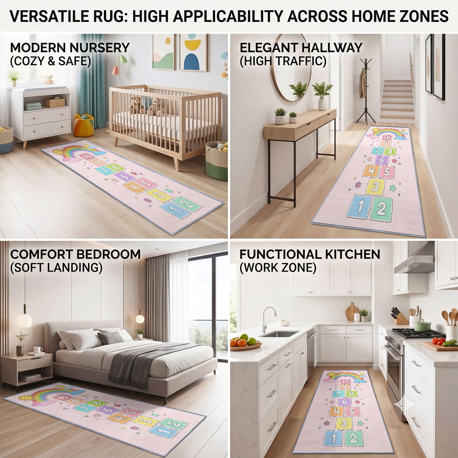 Waschbarer Läufer Teppich Flur 90 x 180 cm, rutschfes Kinder Spiele Handgezeichnet Lang Küchenläufer - Himmel Und Hölle Zahlen Blöcke Regenbogen Langer Teppichläufer für Wohnzimmer Schlafzimmer