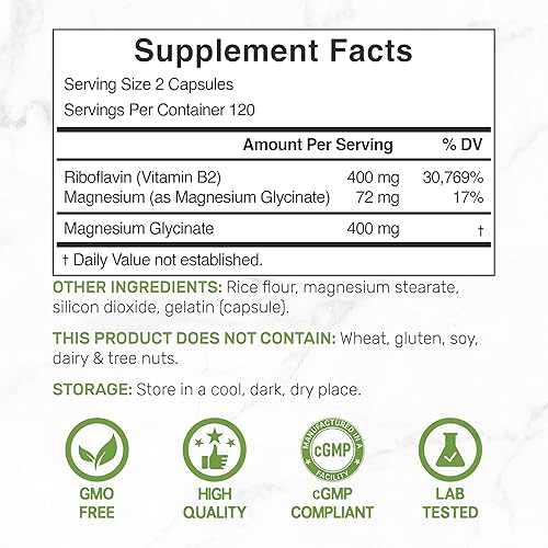 Miniatura 3 de DEAL SUPPLEMENT Vitamina B2 400 mg (Riboflavina) | con glicinato de magnesio 400 mg, 240 Cápsulas – 2 en 1 apoya el sistema nervioso saludable,