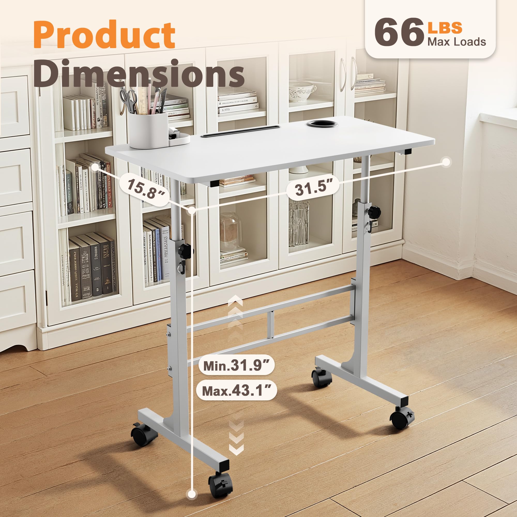 Shahoo Standing Desk Adjustable Height Mobile Stand Up Desk with Wheels 32 Inch Portable Rolling Desks Computer Office — view 4