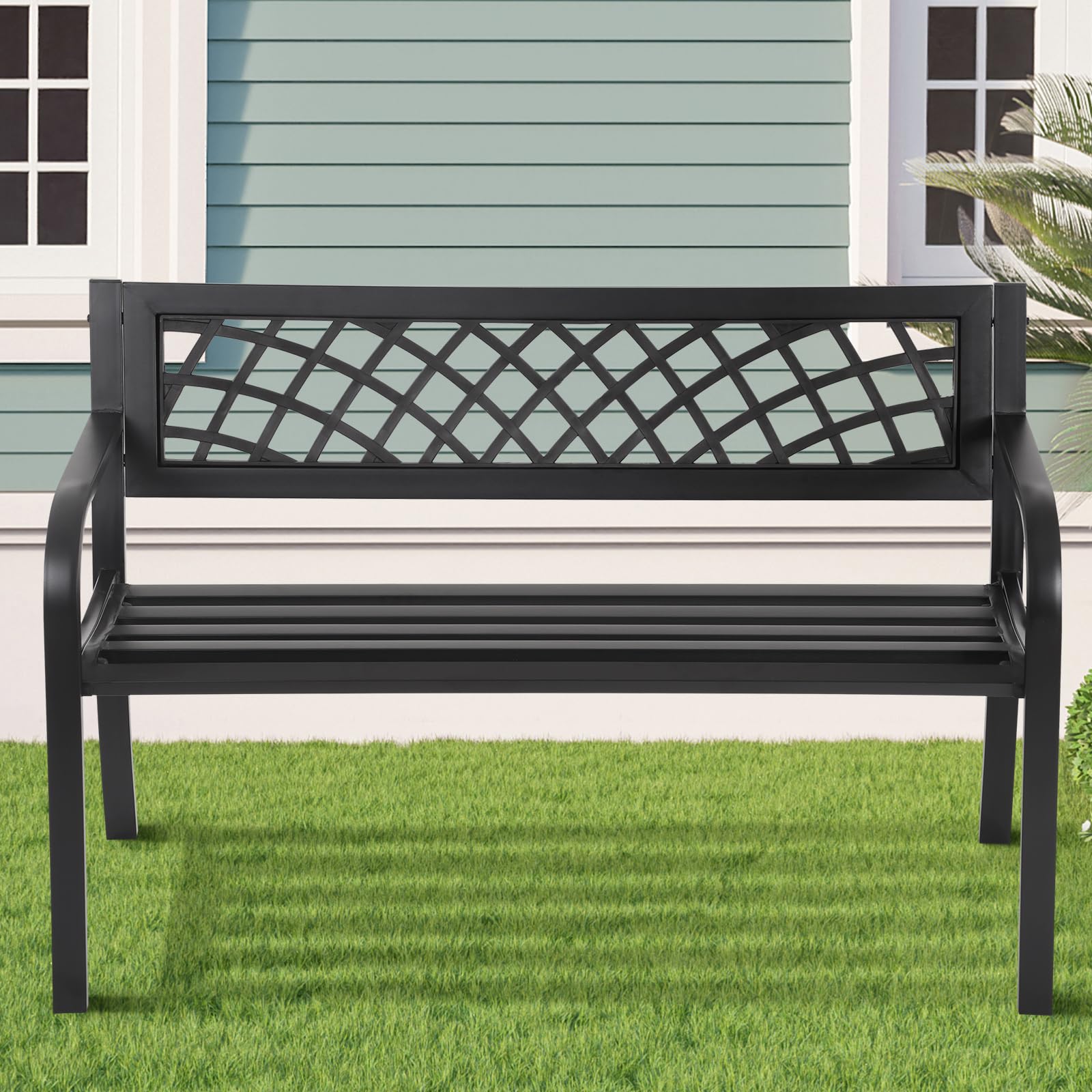 Garden Bench Patio Bench Outdoor Park Bench Metal Outside Porch Chair Seat Cast Iron Steel Frame Sturdy Bench Patio Furniture for Yard Porch Entryway