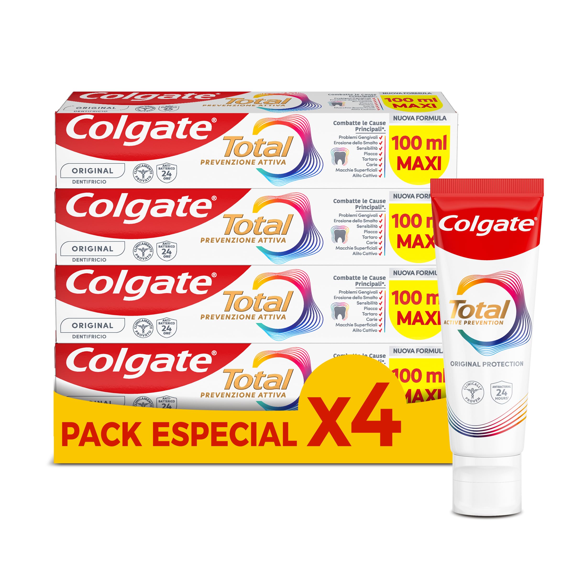 Colgate Total Original: Pack 4 Dentífricos 100 ml con 24H Protección