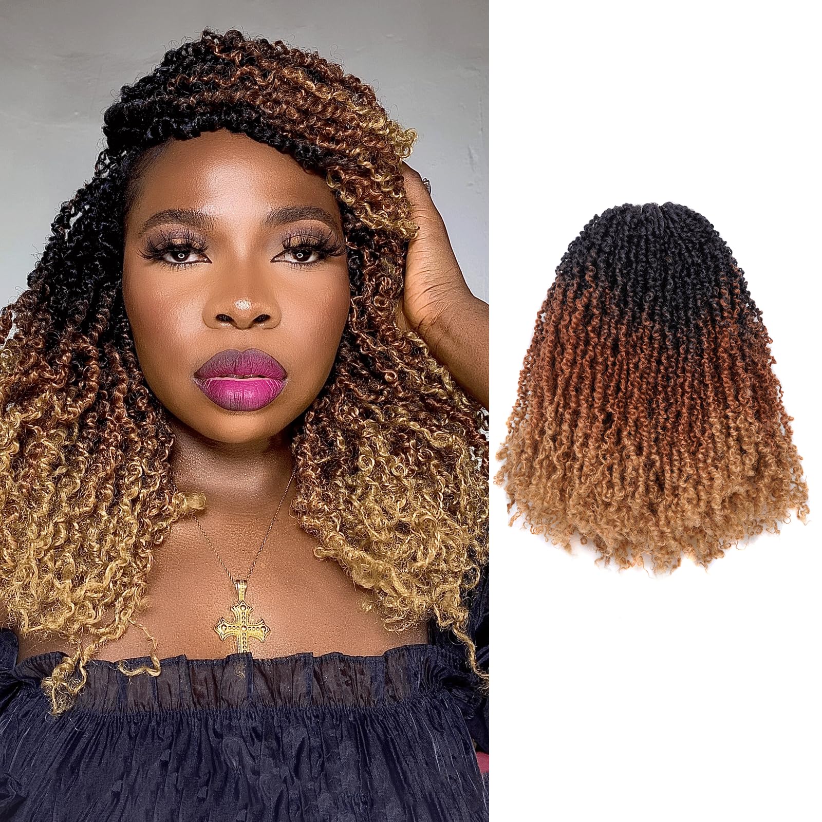 GIX Yanky Twist Crochet Hair - 12 Inch 8 Packs (240 Strands) 3 Tones Ombre Brown Pre-twisted Fluffy Spring Mini Twist Short Bob Passion Twist, Crochet