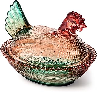 1 Pcs Vintage Glass Hen on Nest Dish with Lid Colorful Crystal Chicken-shaped Large Pedestal Rooster Candy Bowl for Snack, Dessert, Cookie Home Kitchen Tabletop Decor (Green)