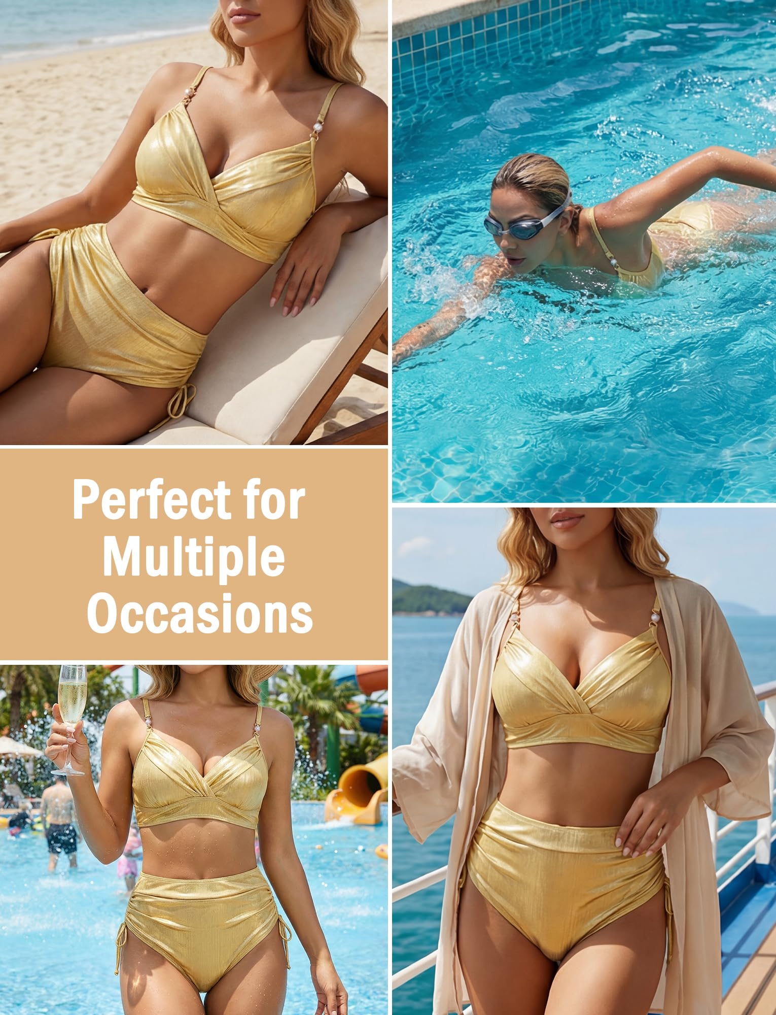 Bikini da donna con scollo a V, push up, a triangolo, sexy, in due pezzi, a vita alta, costume da bagno per piscina, spiaggia