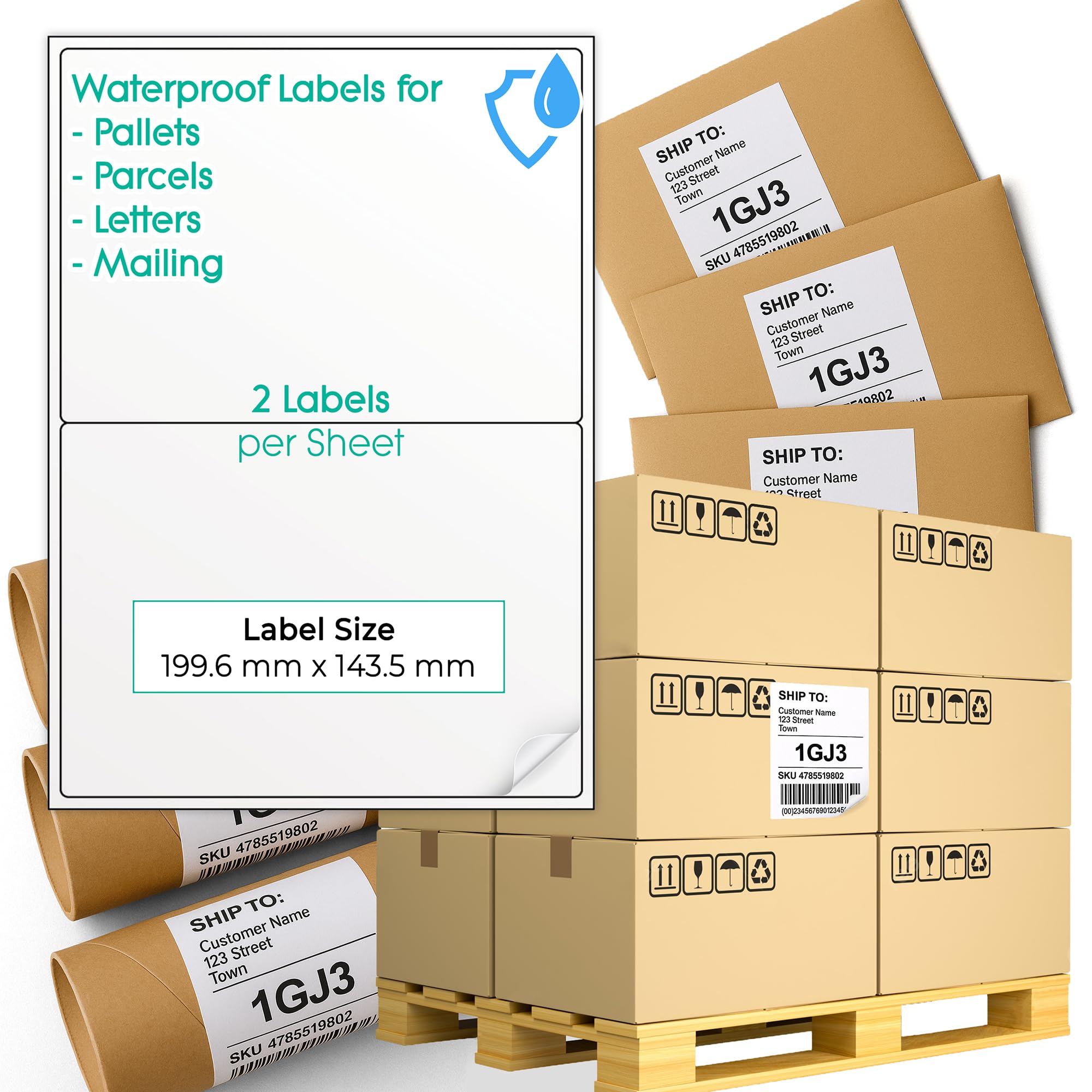Etichette postali impermeabili per pallet, bianche opache, autoadesive, compatibili con stampanti a getto d'inchiostro e laser, per pallet, etichettatura postale, 1 x 2 (2 per foglio), 100 fogli