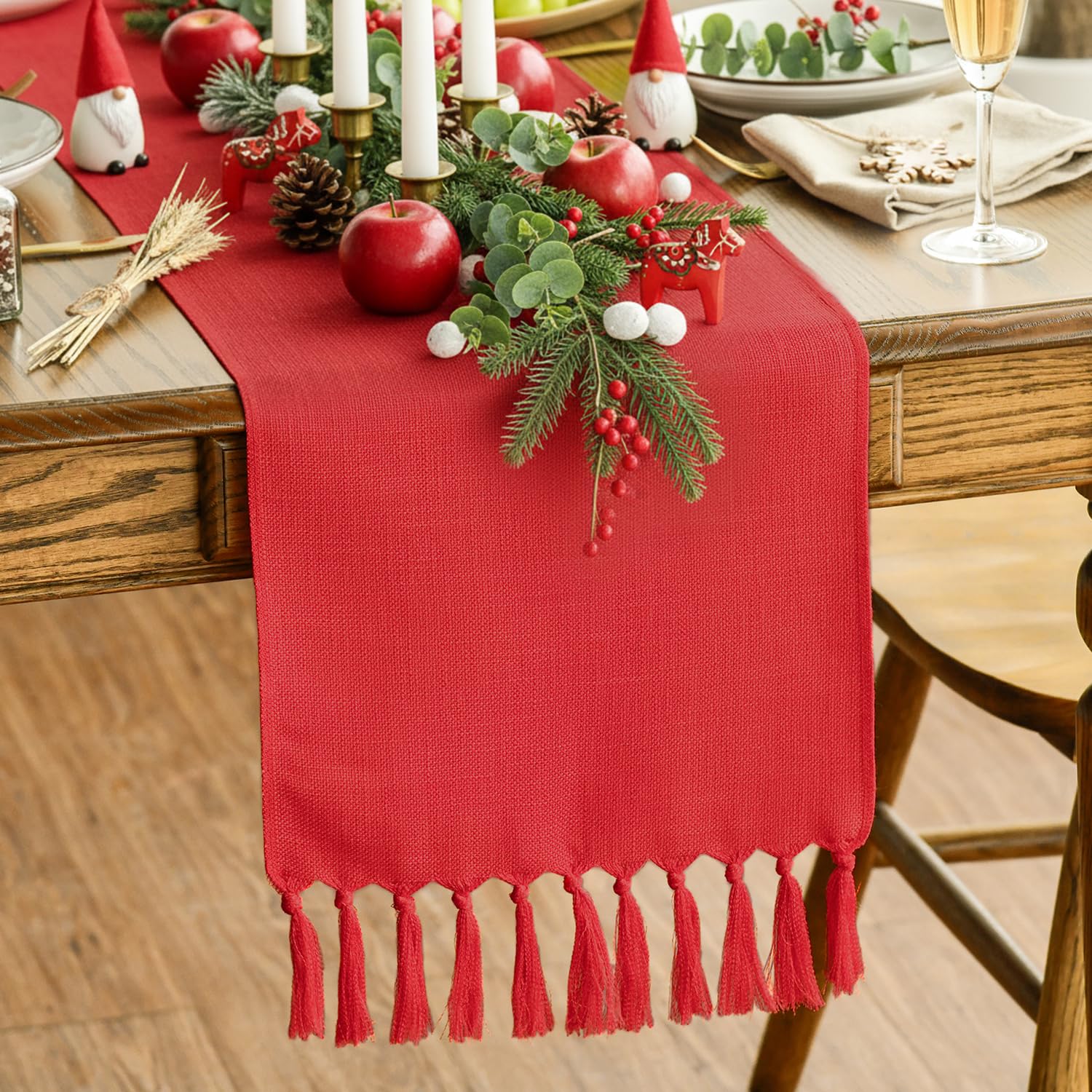 Artoid Mode Rot Landhausstil Quasten Tischläufer, Waschbar Küche Tisch Dekoration Party Geburtstag Hochzeit Dekor 33x183 cm