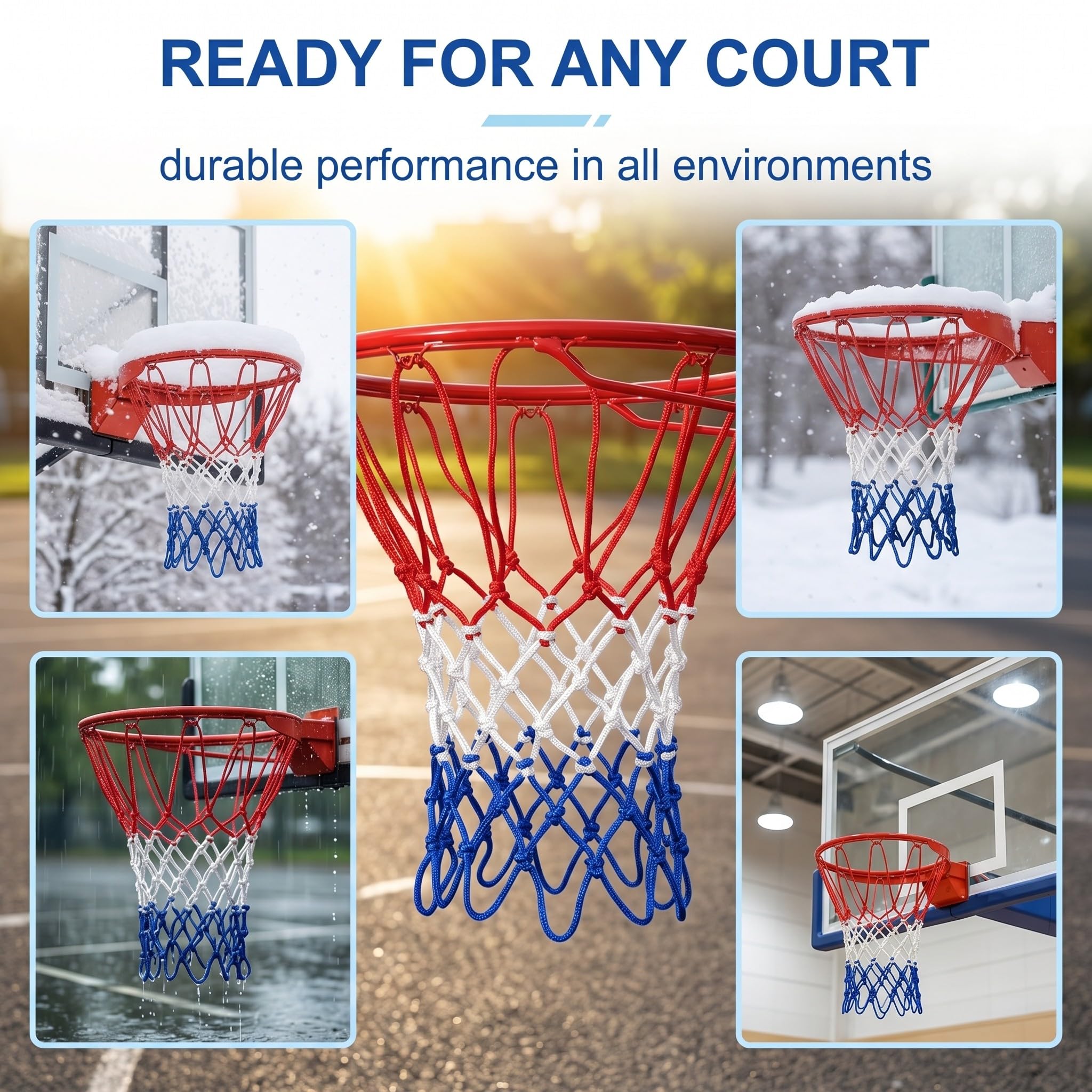 Rete da Basket 2 Pezzi, Professionale per Canestro Esterno & Interno, Anti-Strappo, Resistente Intemperie, 12 Anelli Ricambio Anti-Frusta