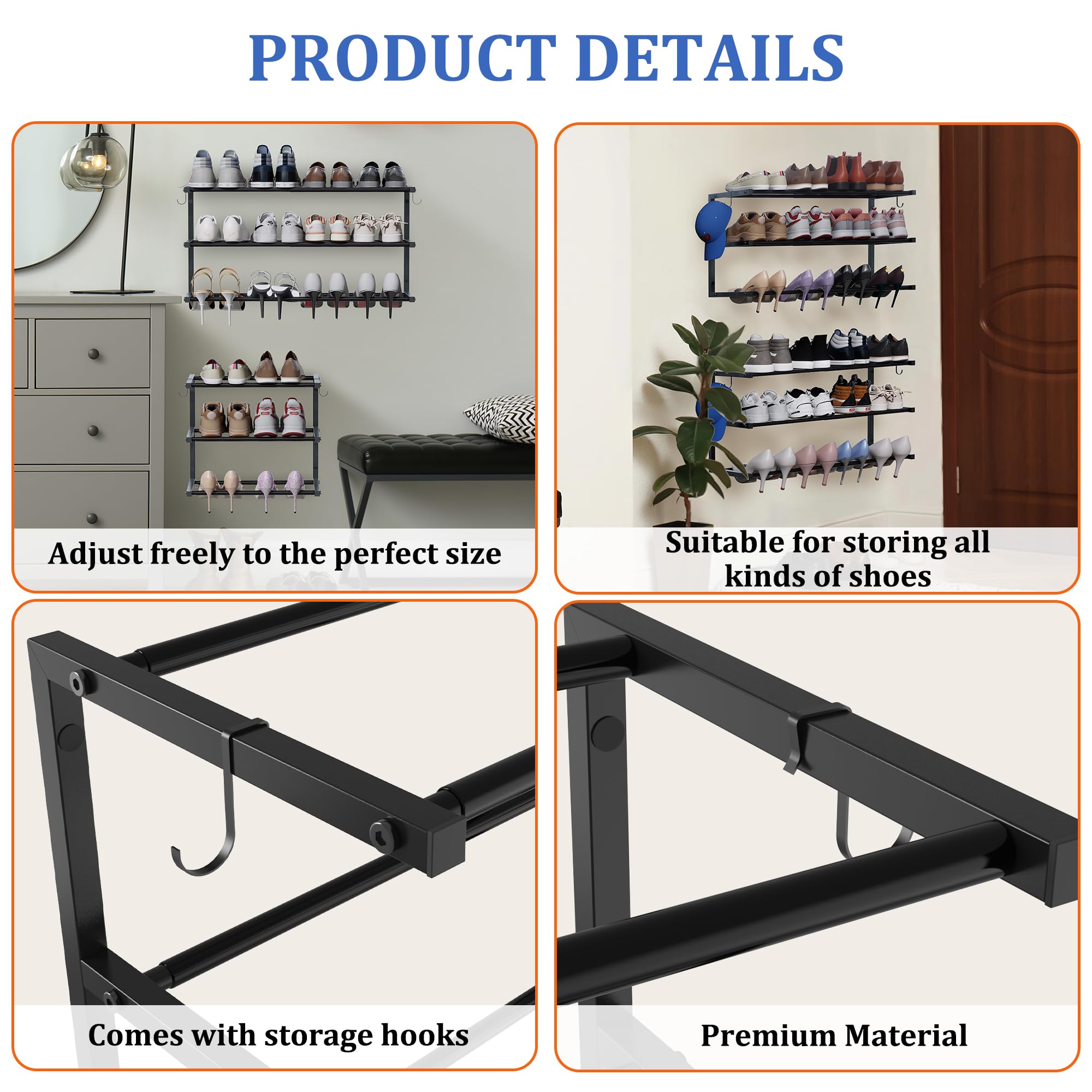Schuhregal zur Wandmontage, 3 Etagen, hängendes Schuhregal für 24 Paar, 43,2 cm - 76,2 cm, verstellbarer, robuster Schuh-Organizer mit 4 Aufbewahrungshaken, platzsparend für Schrankeingang, schwarz