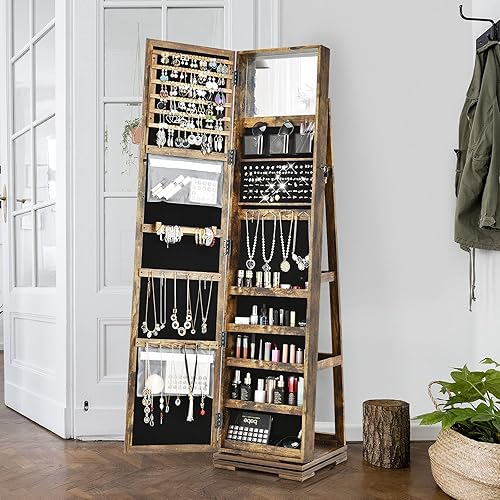 Miniatura 7 de CHARMAID Armario de joyería giratorio de 360 con espejo de longitud completa más alto organizador de armario de joyería con cerradura de pie gran