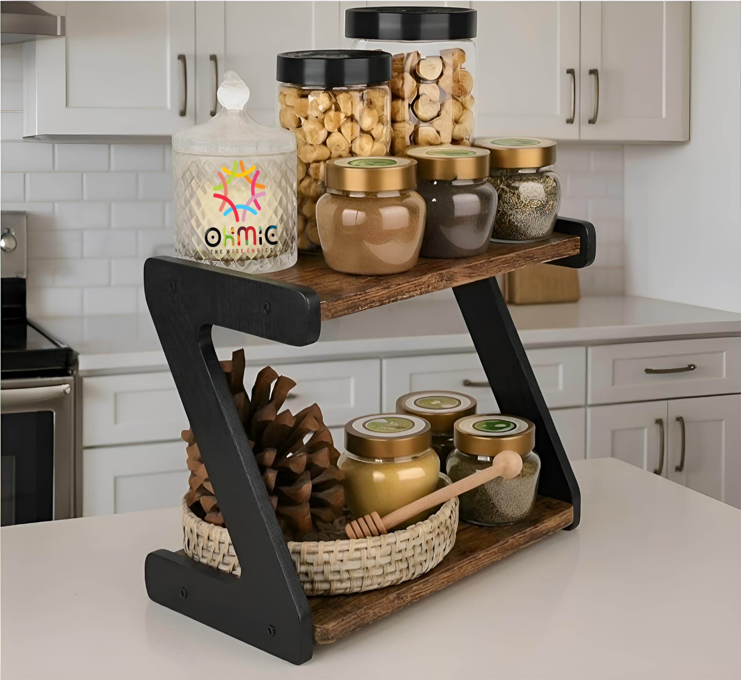 Yookeer 2-Tier Spice Rack, kitchen organizer rack, Rustic Brown and Black, Z-Shape Countertop Organiser, 33x16x25 cm (RUSTIC BROWN)