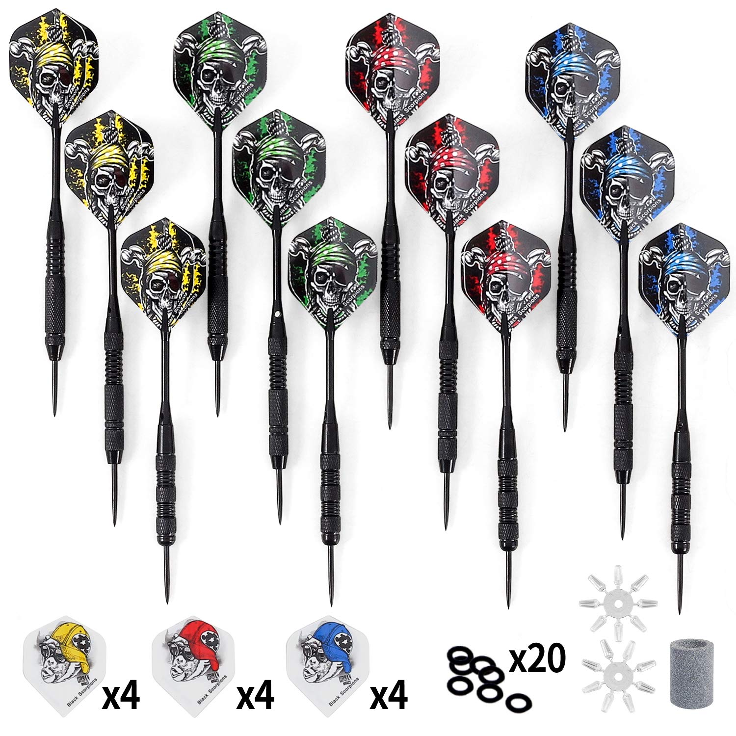 JOYHILL Steel Darts Set 12 Pcs 20/23.5/25g With Metal Tip, 24 Designed Flights, 2 Flight Protector, O-rings, Dart Sharpener and Carry Bag