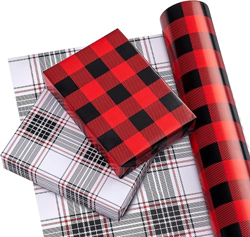 Miniatura 97 de WRAPAHOLIC Papel de regalo reversible a cuadros, mini rollo, 17 pulgadas x 33 pies, papel de regalo de Navidad a cuadros rojos y negros para 2-Rojo
