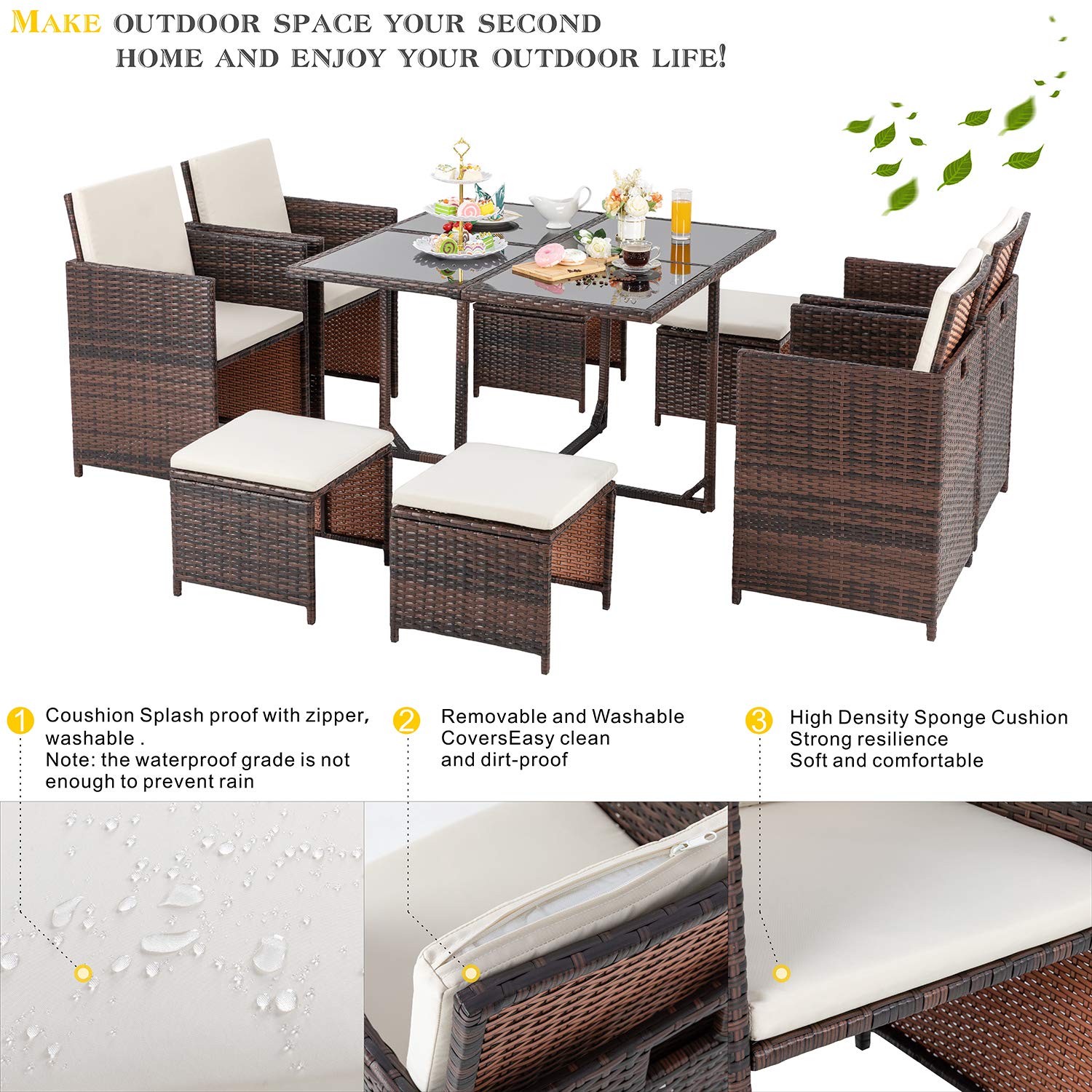 Vongrasig 9 Piece Small Patio Dining Set, Outdoor Space Saving PE