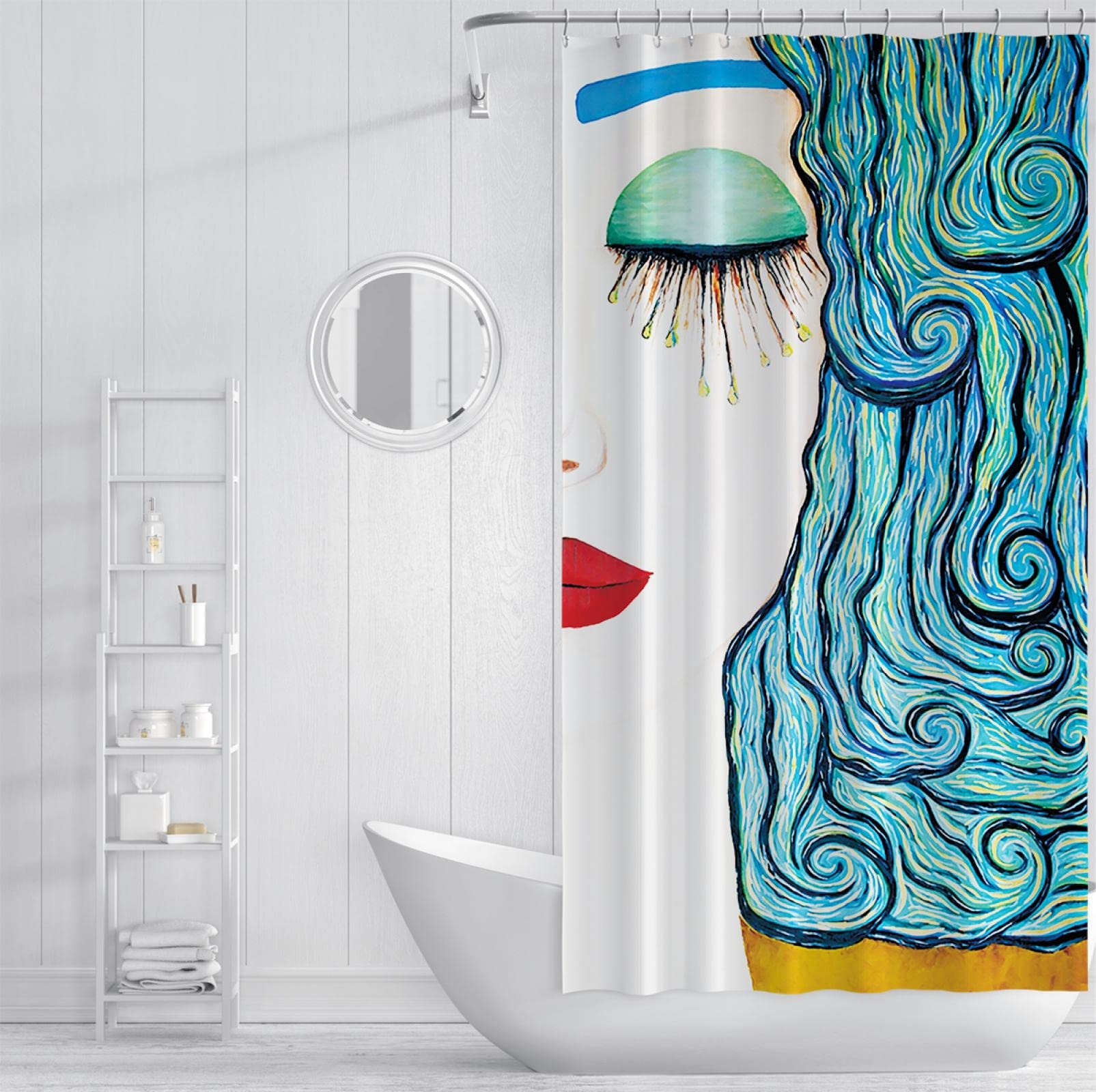 Conjuntos de Cortinas de Ducha de baño de Mujer de Cabello Azul con 12 Ganchos de poliéster Impermeable a máquina Lavable Cortina de Ducha de habitación húmeda W200xL180cm