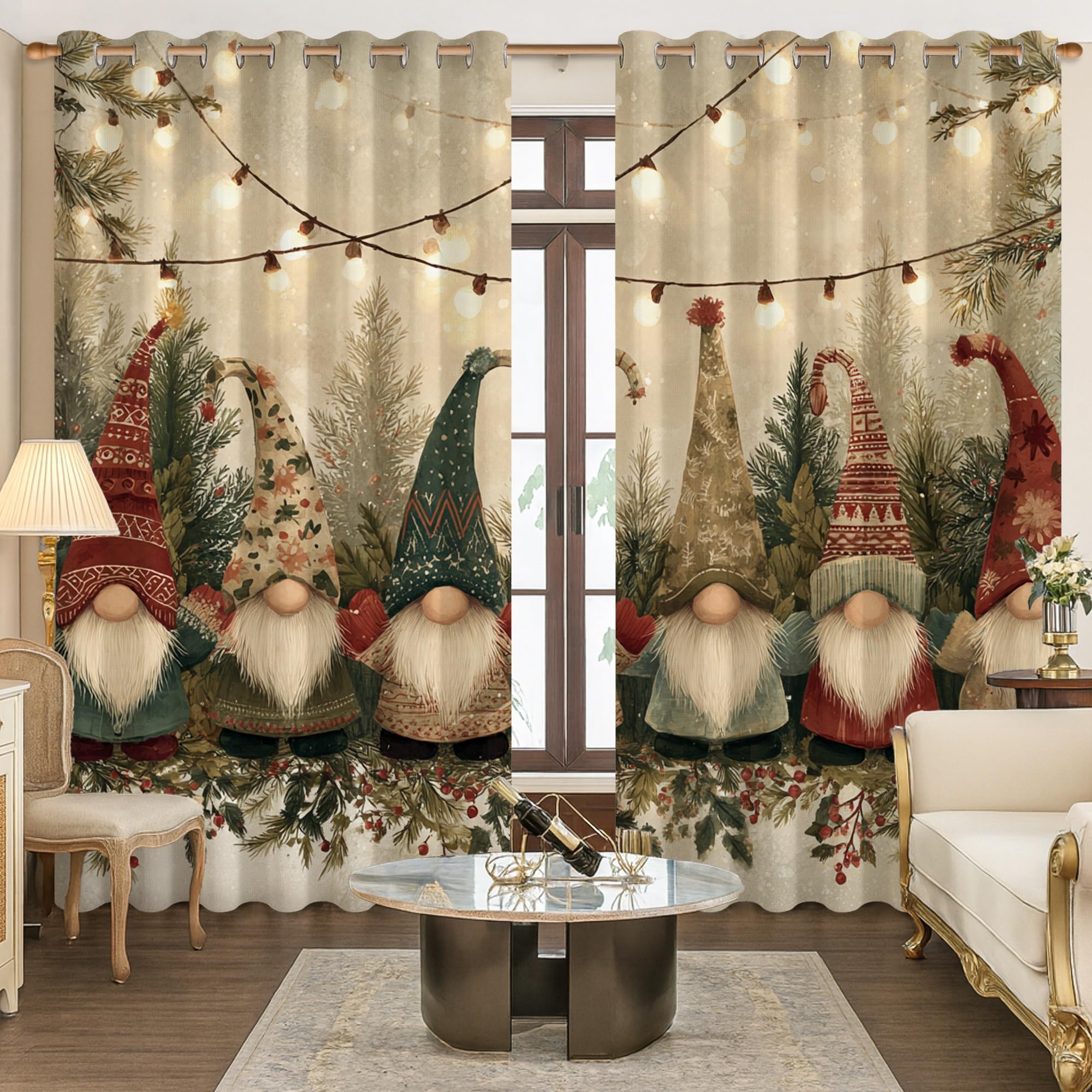Verdunklungsvorhänge mit Zwerg, festlich, fantasievoller Weihnachtsbaum, Lichterkette, Weihnachtsgrün, maschinenwaschbar, Fenstervorhänge für Schlafzimmer, Kinderzimmer, Dekoration, 132 x 244 cm