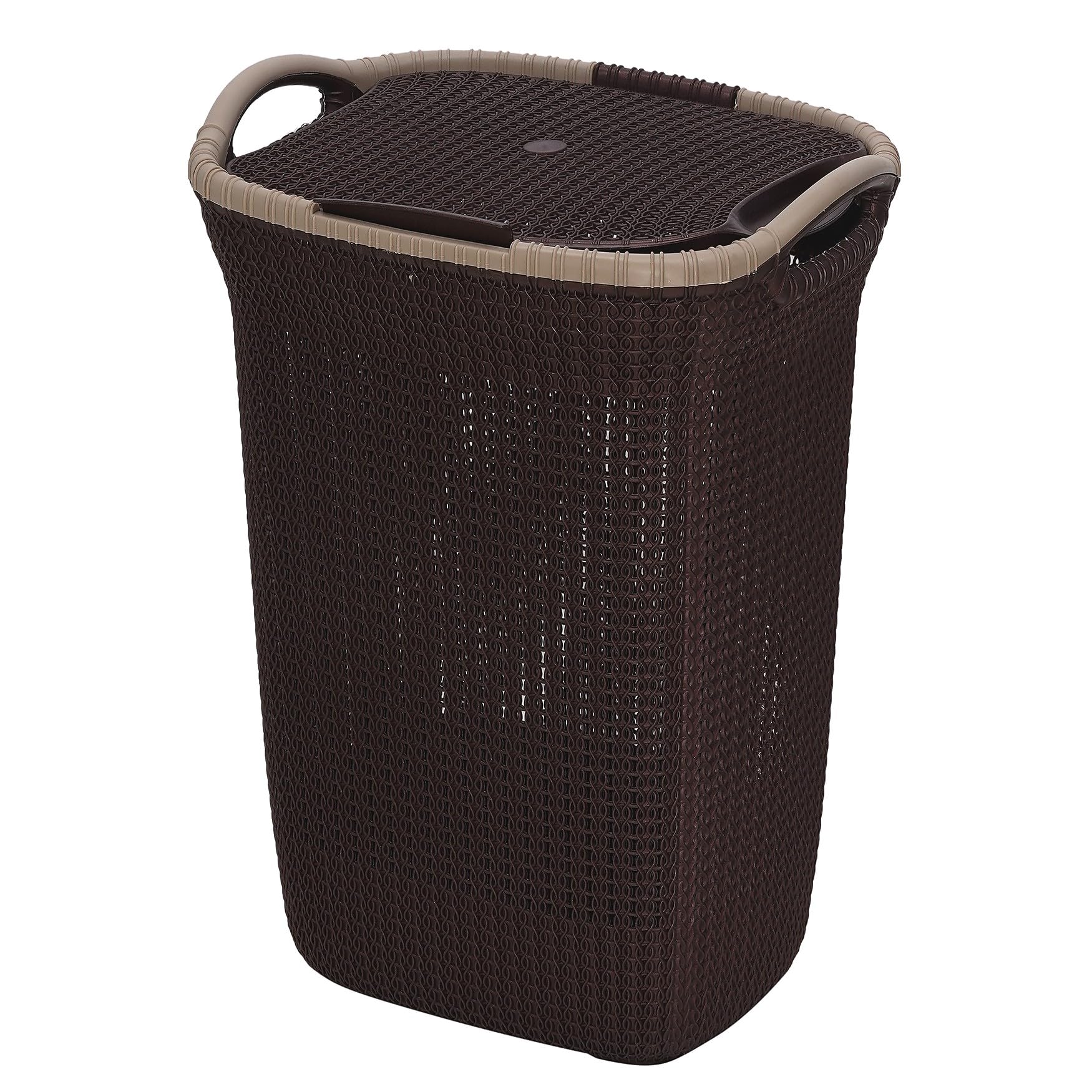 Plastic Laundry Basket with Lid | 60L Extra Large Knit Hamper | Strong & Durable | Ideal for Bathroom, Bedroom & Kids Room | Multipurpose Cloth Storage Organiser | 36 x 46 x 61 cm | Weather Brown