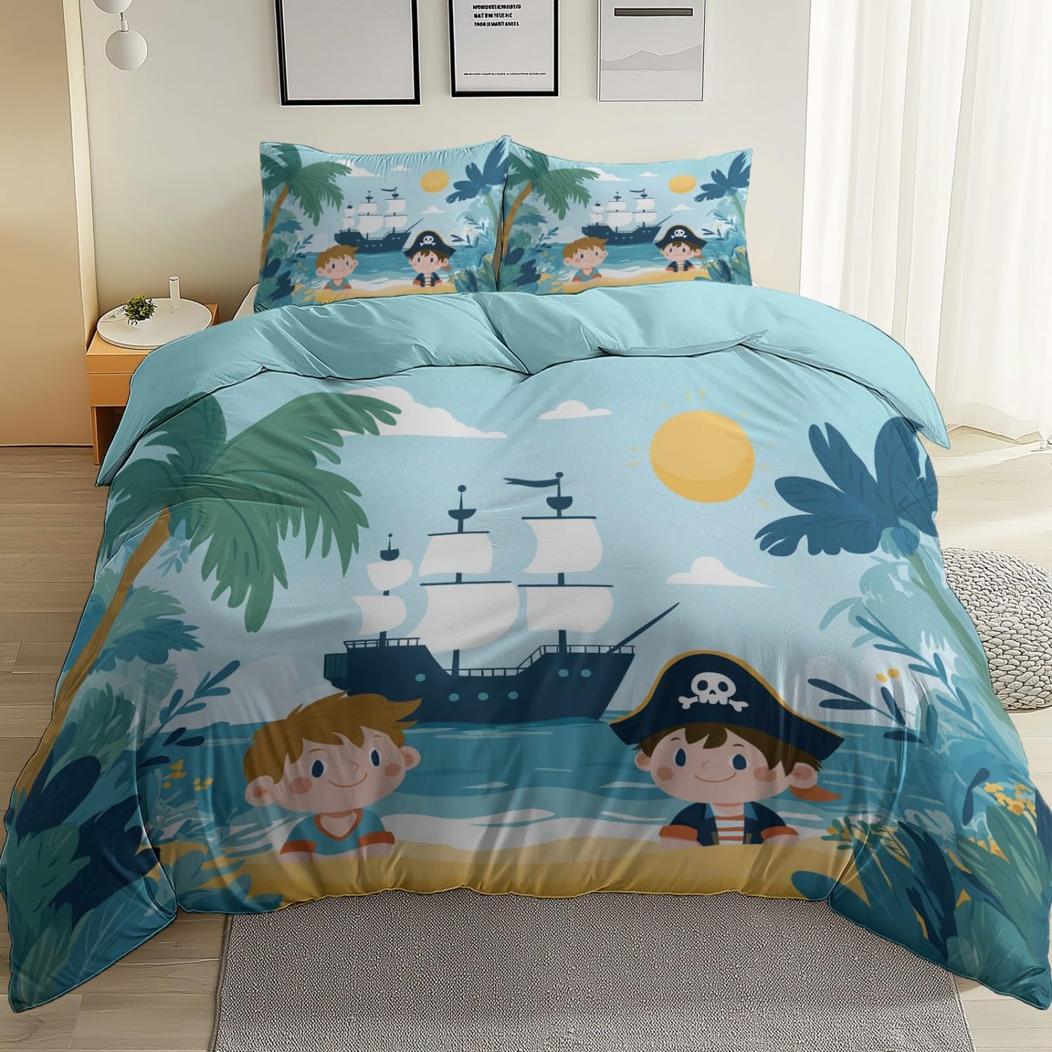 Giocosity zestaw pościeli plażowej dla dzieci 230 cm x 220 cm - bardzo miękka mikrofibra, 3 sztuki z ukrytym zamkiem błyskawicznym i dopasowanymi poszewkami na poduszki niebiesko-żółta