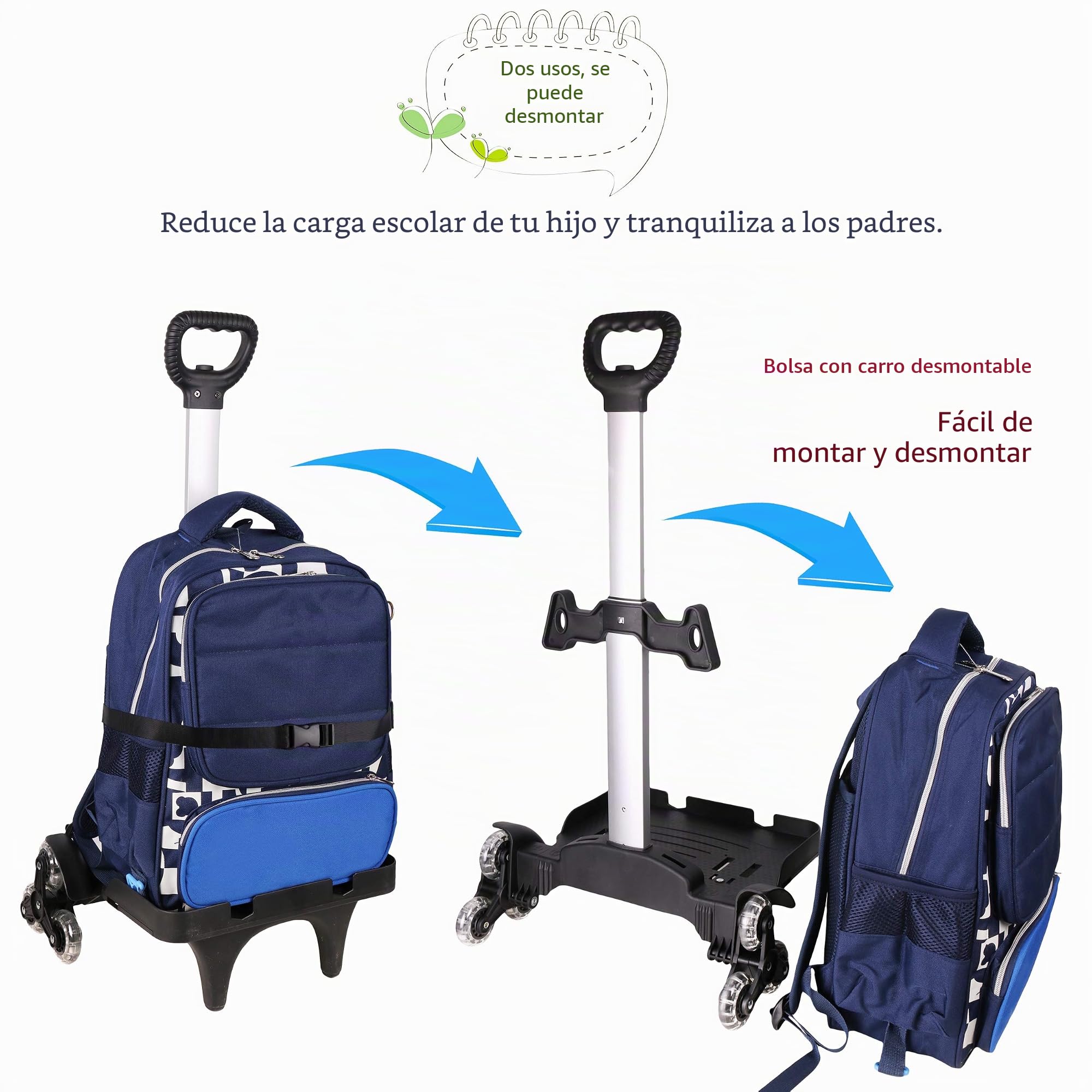 Carro de mochila – Carro de mano con ruedas de aleación de aluminio no plegable para mochilas escolares, equipaje, mochila, ruedas