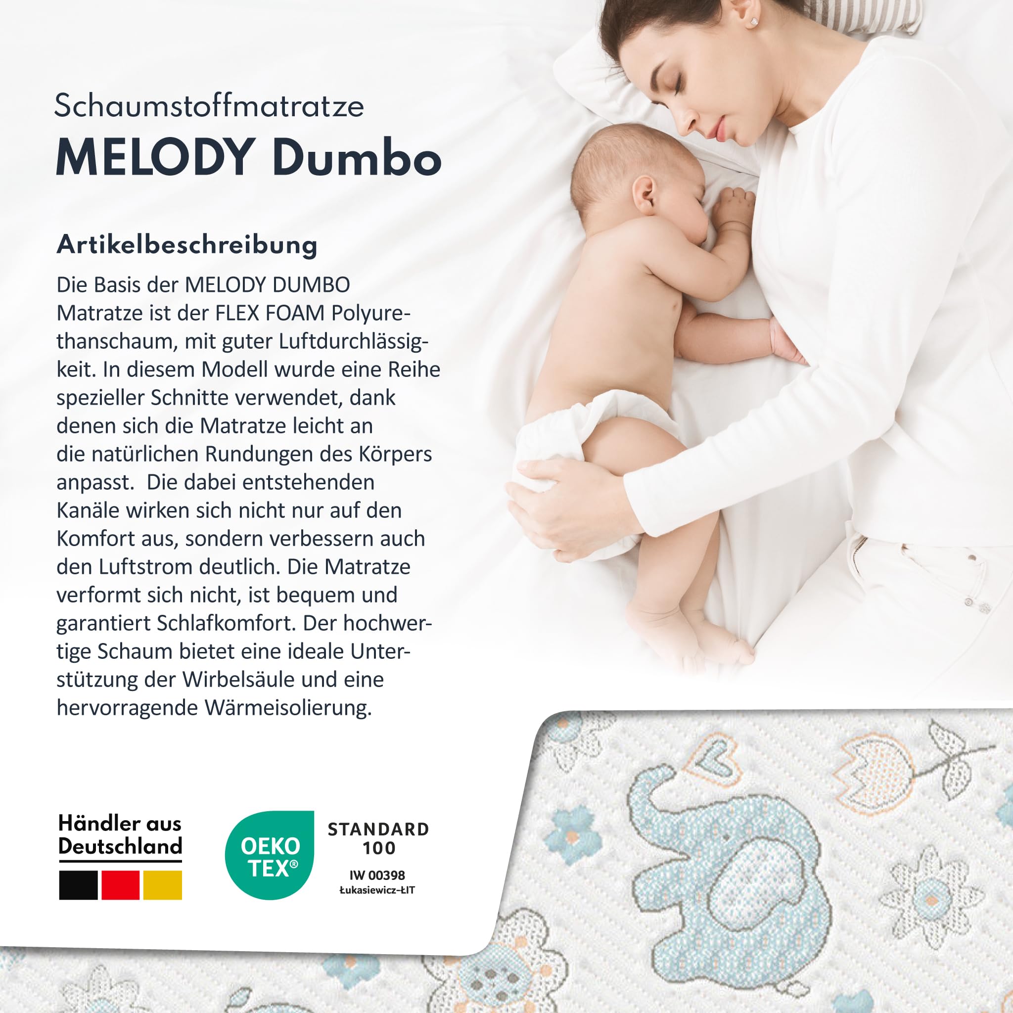 FDM Melody Matelas 90 x 180 cm Mousse à Mémoire de Forme Épaisseur 10 cm Fermeté H3 Matelas à Deux Faces Oeko-TEX Hypoallergénique Housse Lavable Dumbo