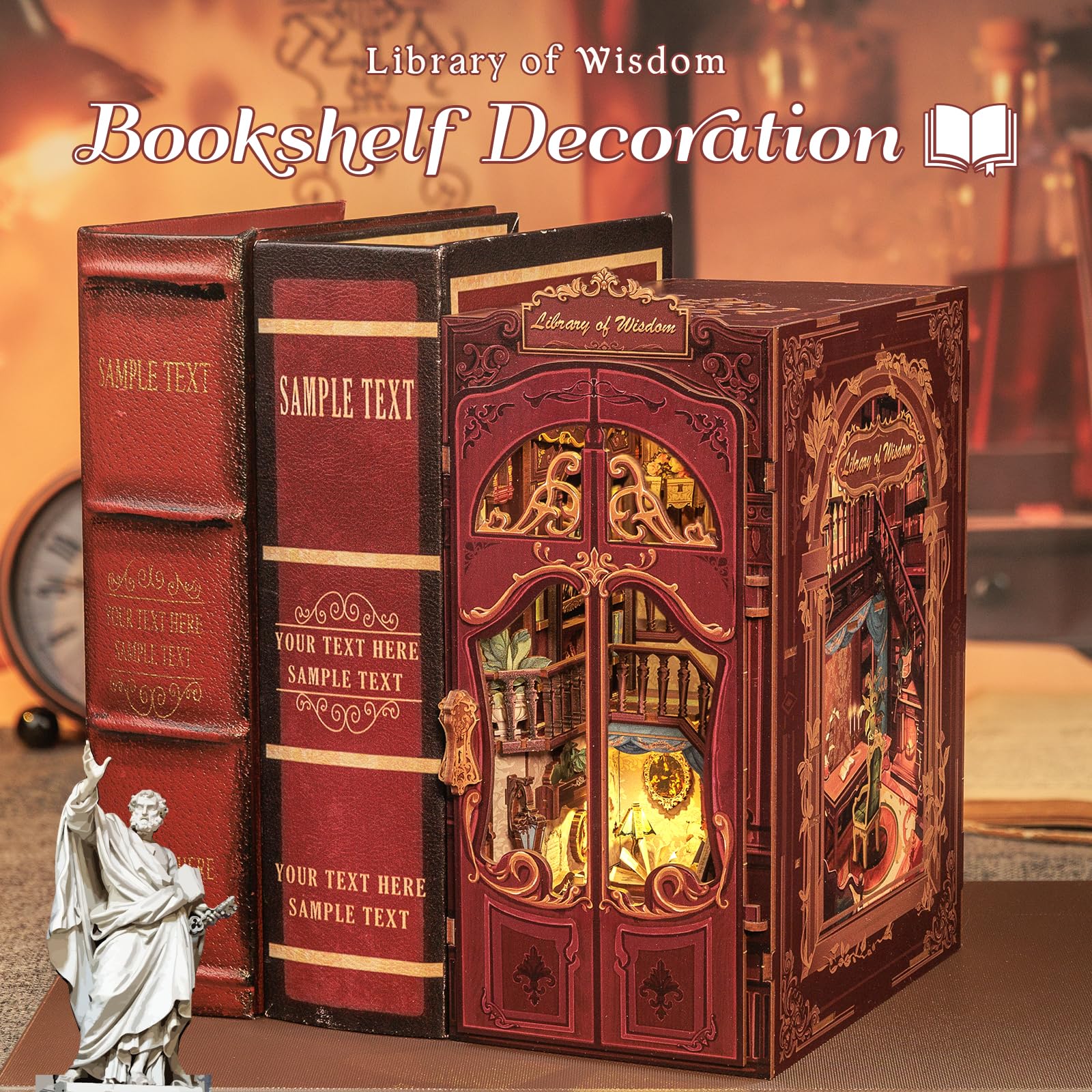 Fsolis DIY Book Nook, Casa delle bambole Mini Casa con Mobili in Legno e Luci a LED, Libro Angolo Mensola Inserto, Book Nook Adulto Costruzione(Library of Wisdom)