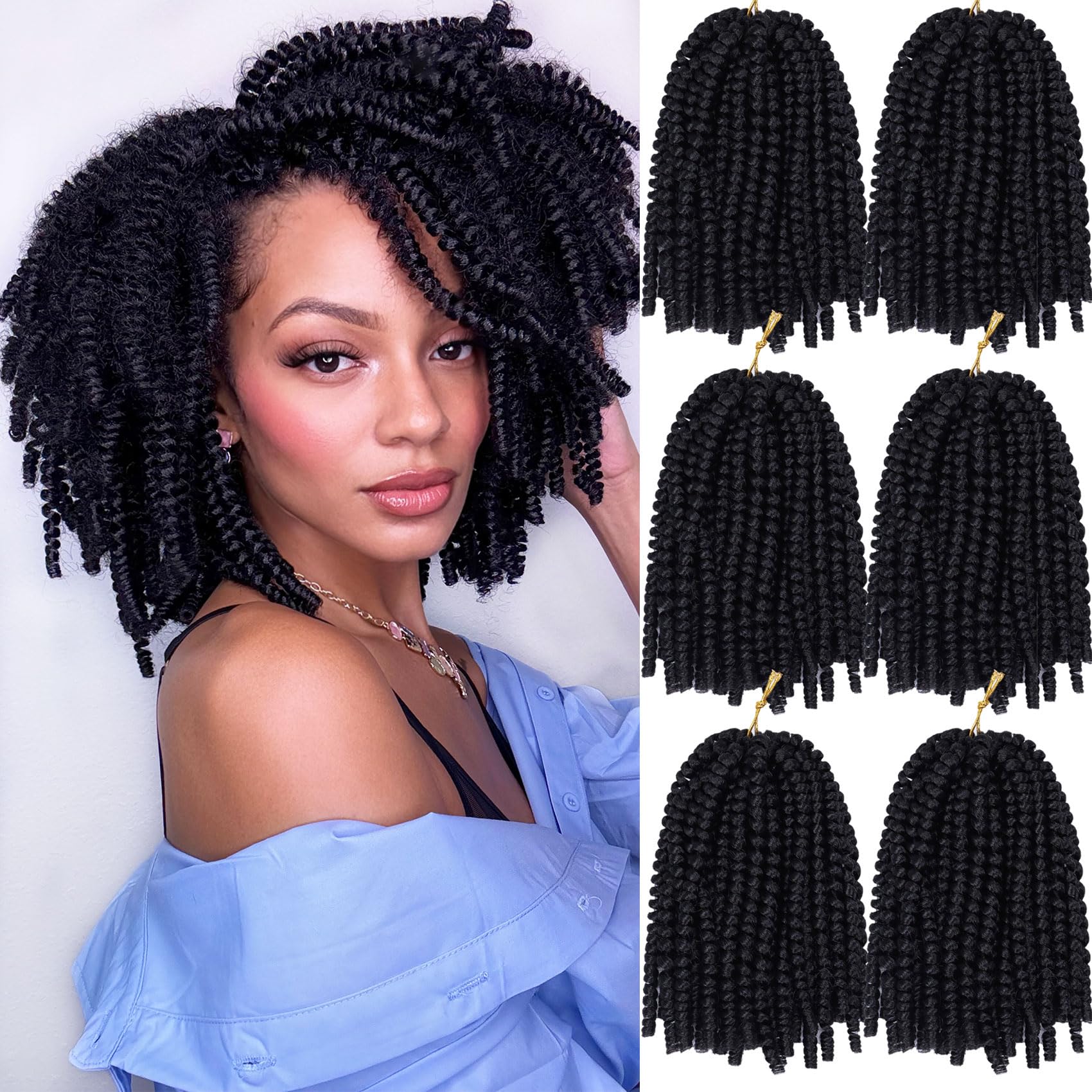 Sponsored Ad - Spring Twist Hair - 8 Inch 6 Packs Spring Twists Crochet Hair for Women Black Synthetic Braiding Hair Low Temperature Fluffy Twist Hair Extensions, 1B