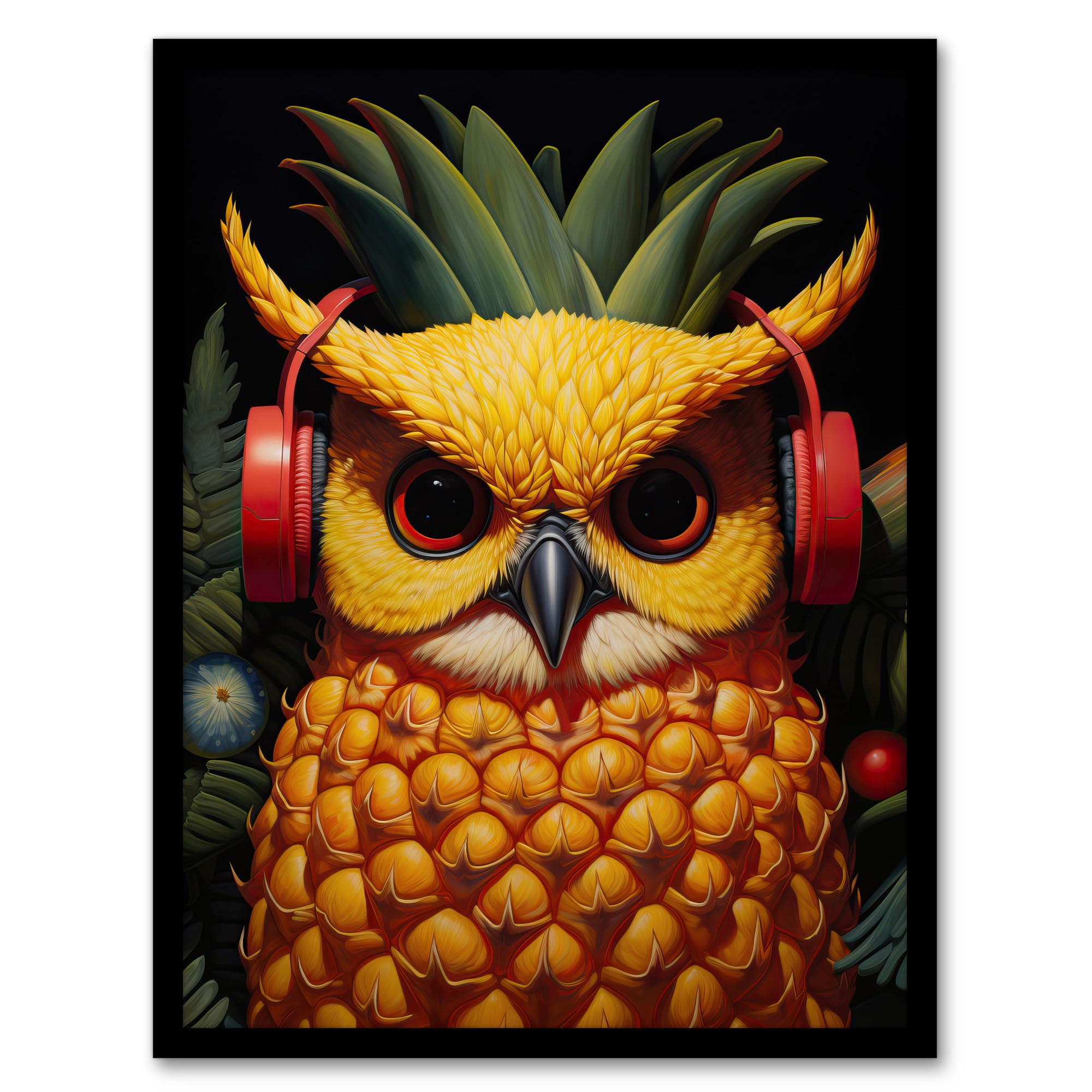 Artery8 Pineapple Owl Bold Vibrant Rich Red Gold And Green Artwork Kitchen Retro Interior Design Artwork Framed Wall Art Print 18X24 Inch