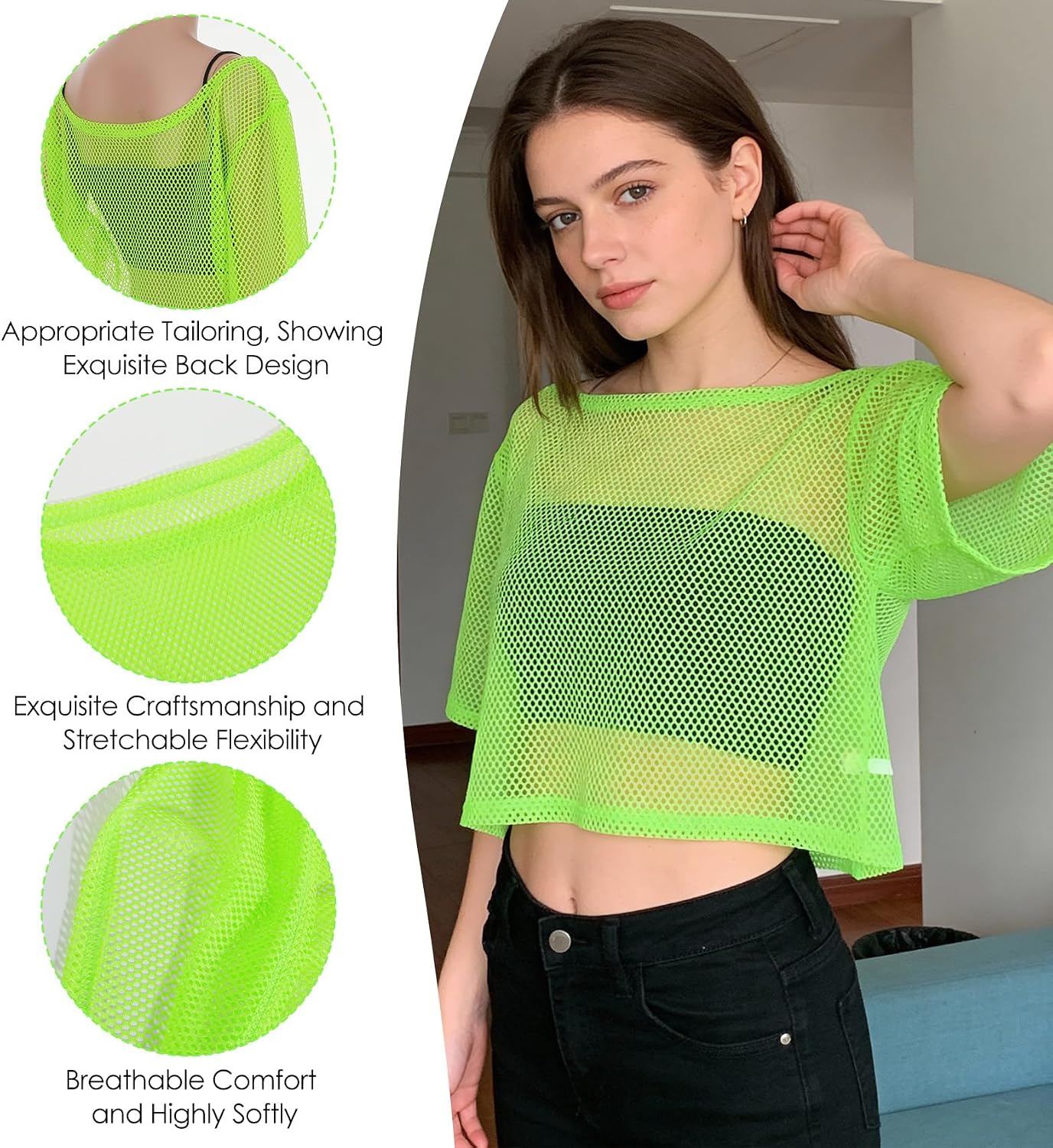 Neon Fishnet Top, Neon Tops for Women Off-Shoulder Neons Mesh Top, 80s Retro Party Shirts, Disco Clubwear (Green)