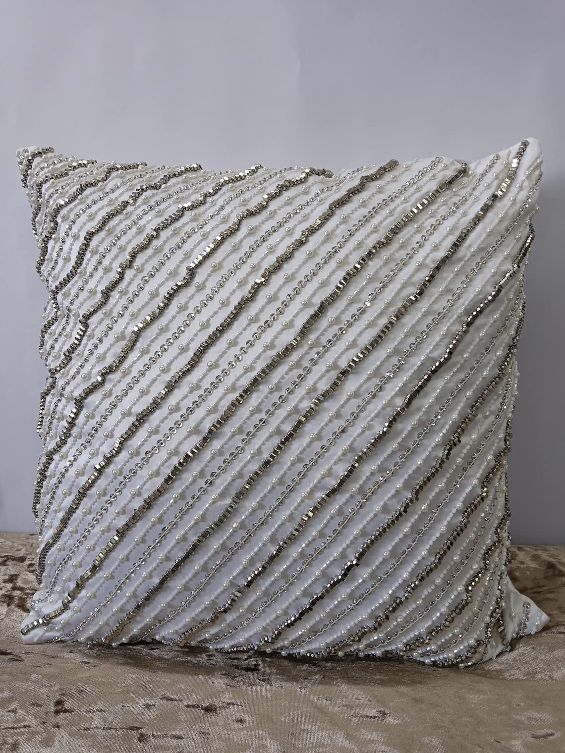 KGN Home Decor Satin 144 TC Pillow Cover with Elegant Design and Antique Work (KGN_38, White with Silver Beads, 18x27 Cm, Pack of 1)