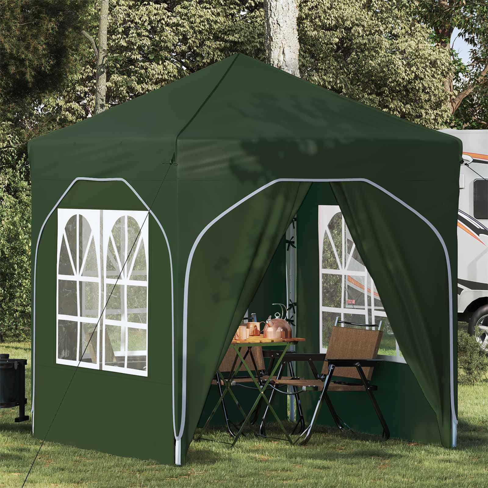 Namiot imprezowy Pop-up, zielony, 192 x 192 x 245 cm, składany, wodoszczelny, odporny na działanie promieni UV z 4 ściankami bocznymi, regulacja wysokości 227-245 cm, łącznie z torbą do