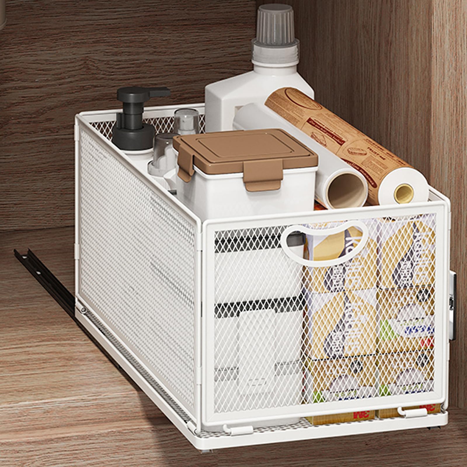 AmzAge Pull-Out Cabinet Organizer Drawer - Adjustable Depth & Width, No-Drill, Black