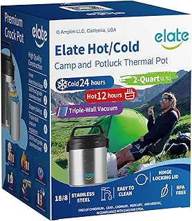 Elate 2-Quart Camp Crock Thermos for Hot/Cold Food, 64oz Stainless Steel Vacuum-Insulated Jar, Wide-Mouth Thermal Container, Portable Lunch Pot for Outdoor Adventure, Camping, Picnics, Trips, Potlucks