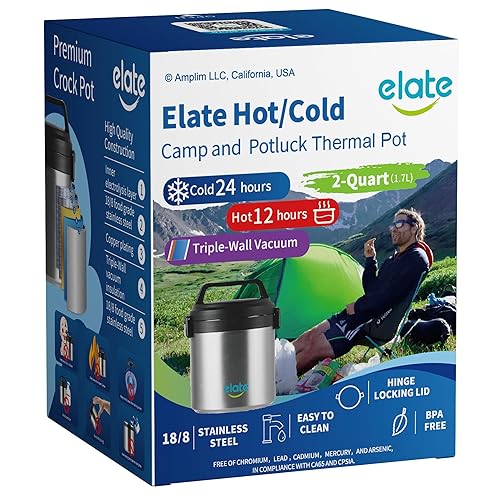 Elate 2-Quart Camp Crock Thermos for Hot/Cold Food, 64oz Stainless Steel Vacuum-Insulated Jar, Wide-Mouth Thermal Container, Portable Lunch Pot for Outdoor Adventure, Camping, Picnics, Trips, Potlucks