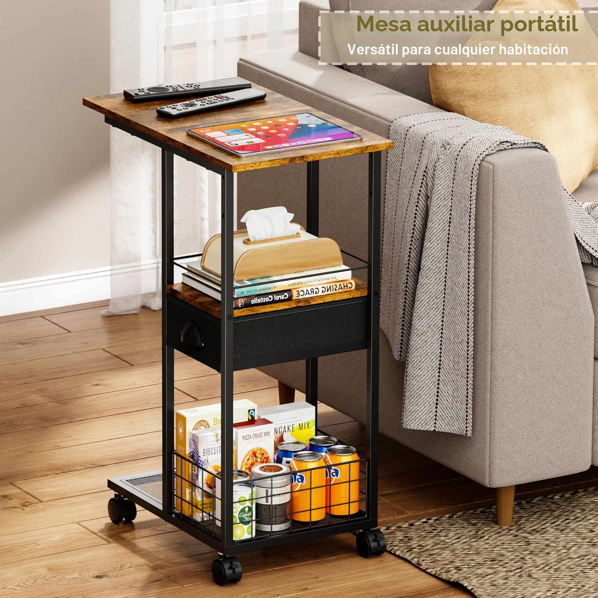Sonyabecca Mesa Auxiliar en C con Ruedas, mesita de Noche con cajón para Cama o sofá, Mesa de Centro con Estructura de Metal, Mesa para salón, Dormitorio u Oficina en casa