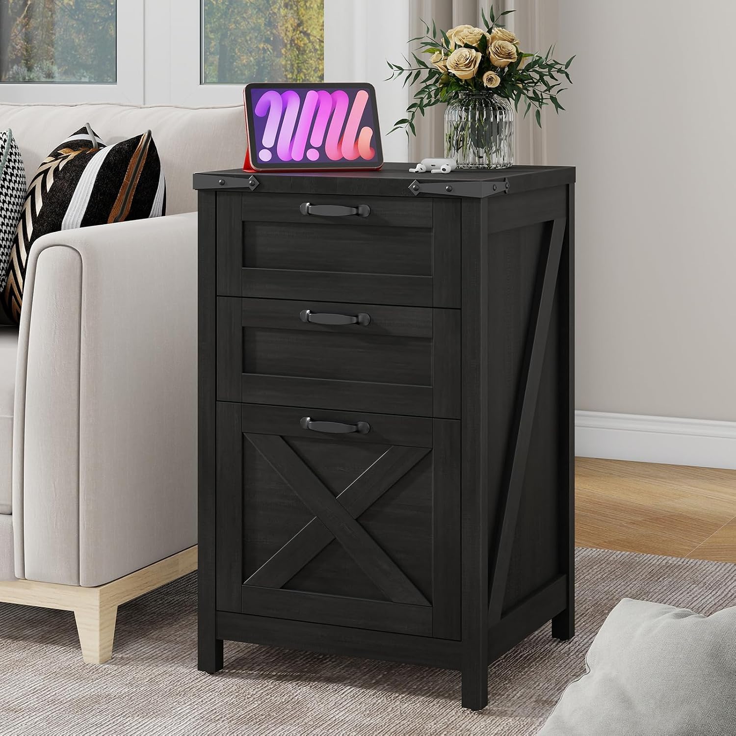 Vabches Vertical File Cabinet with 3 Drawers, Wooden Farmhouse Filing Cabinet for Letter/A4 Size Hanging Files, Under Desk Printer Stand with Storage for Home Office, Black
