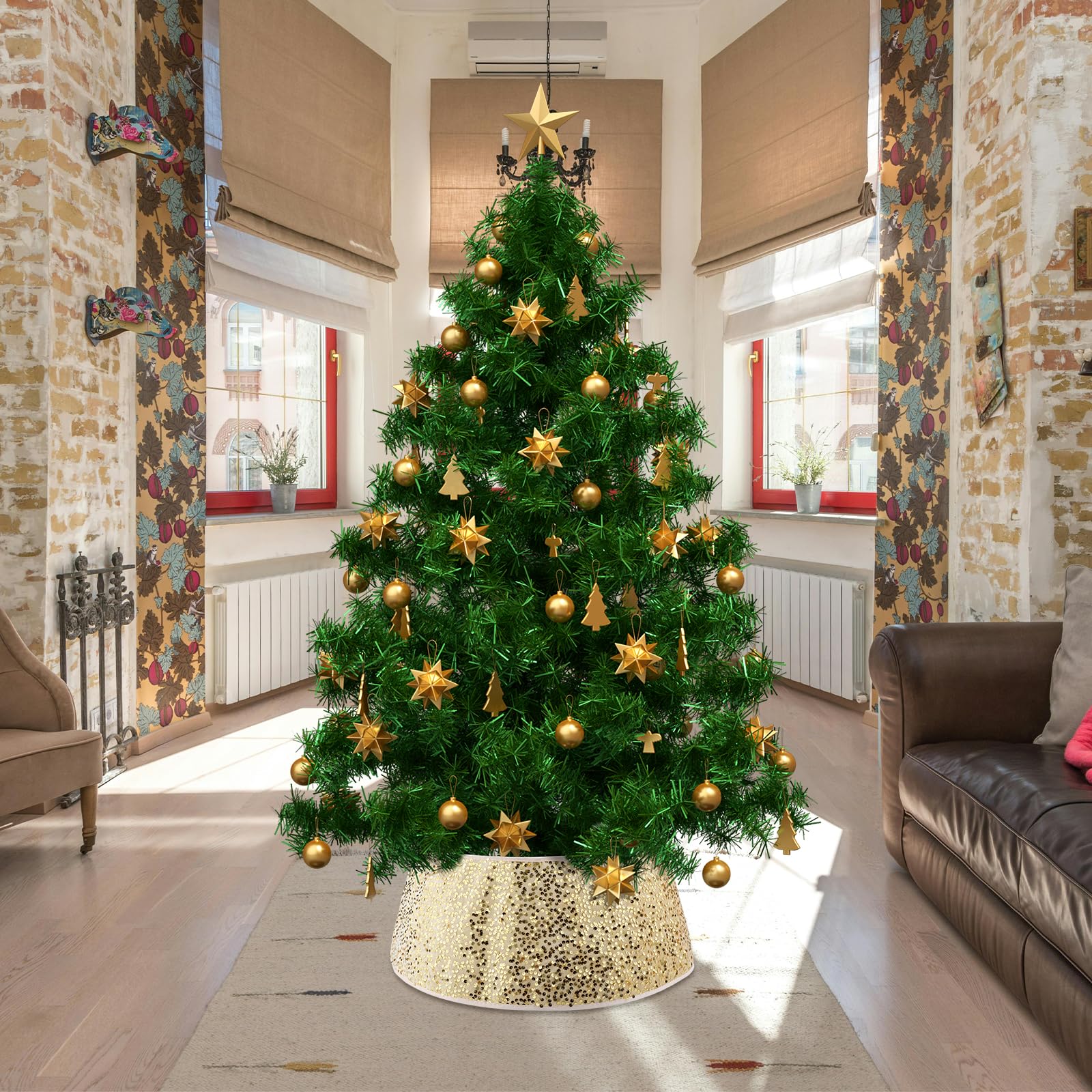Collana per albero di Natale con paillettes scintillanti - Gonna e anello per base albero - copertura decorativa (oro)
