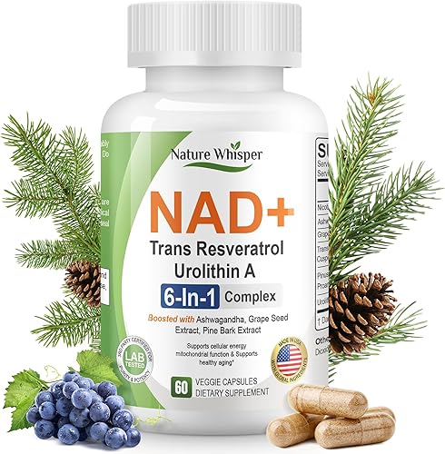 Ribosida liposomal de nicotinamida con trans-resveratrol y urolitina A - Complejo 6 en 1 con Ashwagandha, semilla de uva y extracto de corteza de