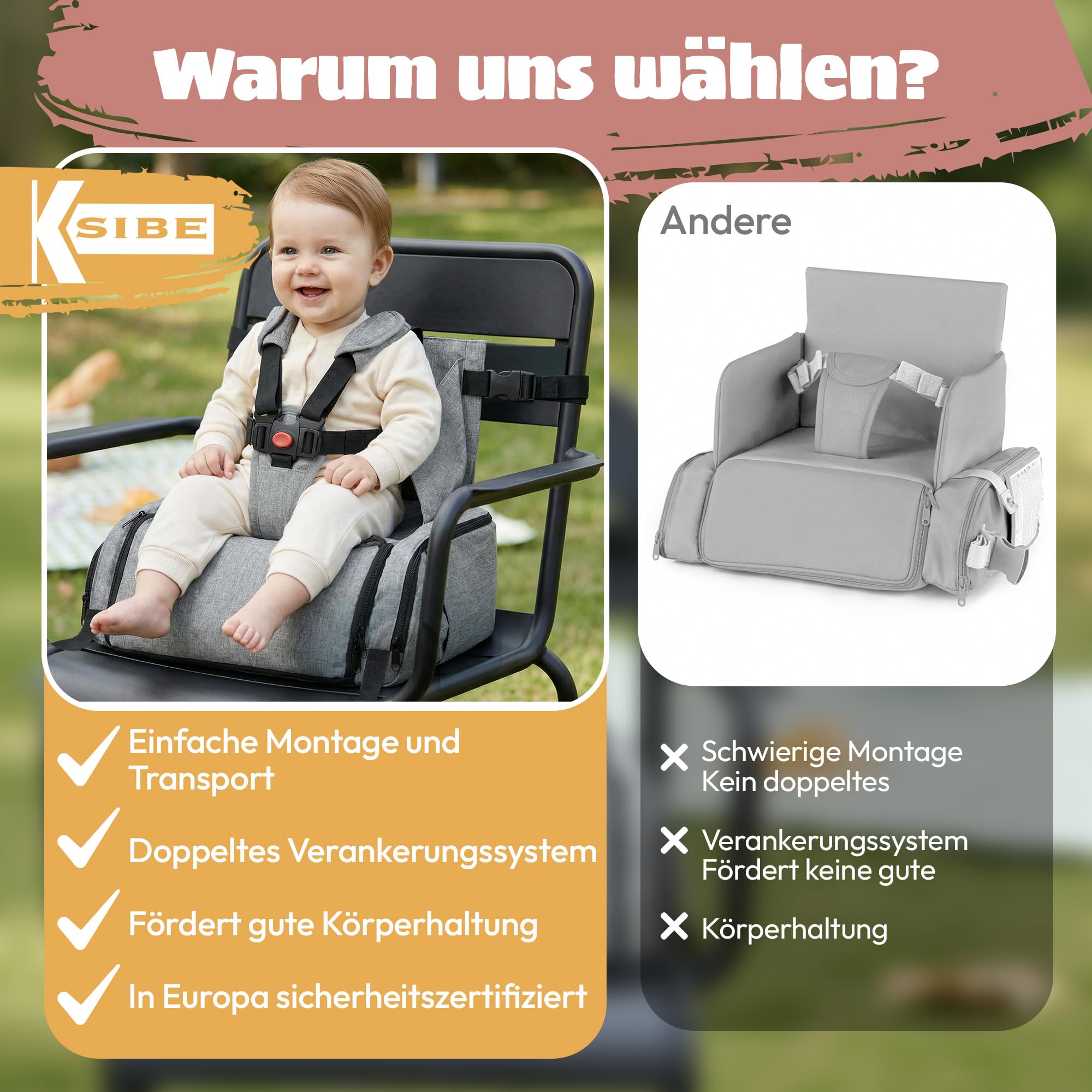 Reisehochstuhl Baby 2-in-1 – Faltbar, leicht, wasserabweisend, robustes Design, XXL-Kapazität, inkl. Tragetasche – Sicherer Sitzplatz für Mahlzeiten – KSIBE