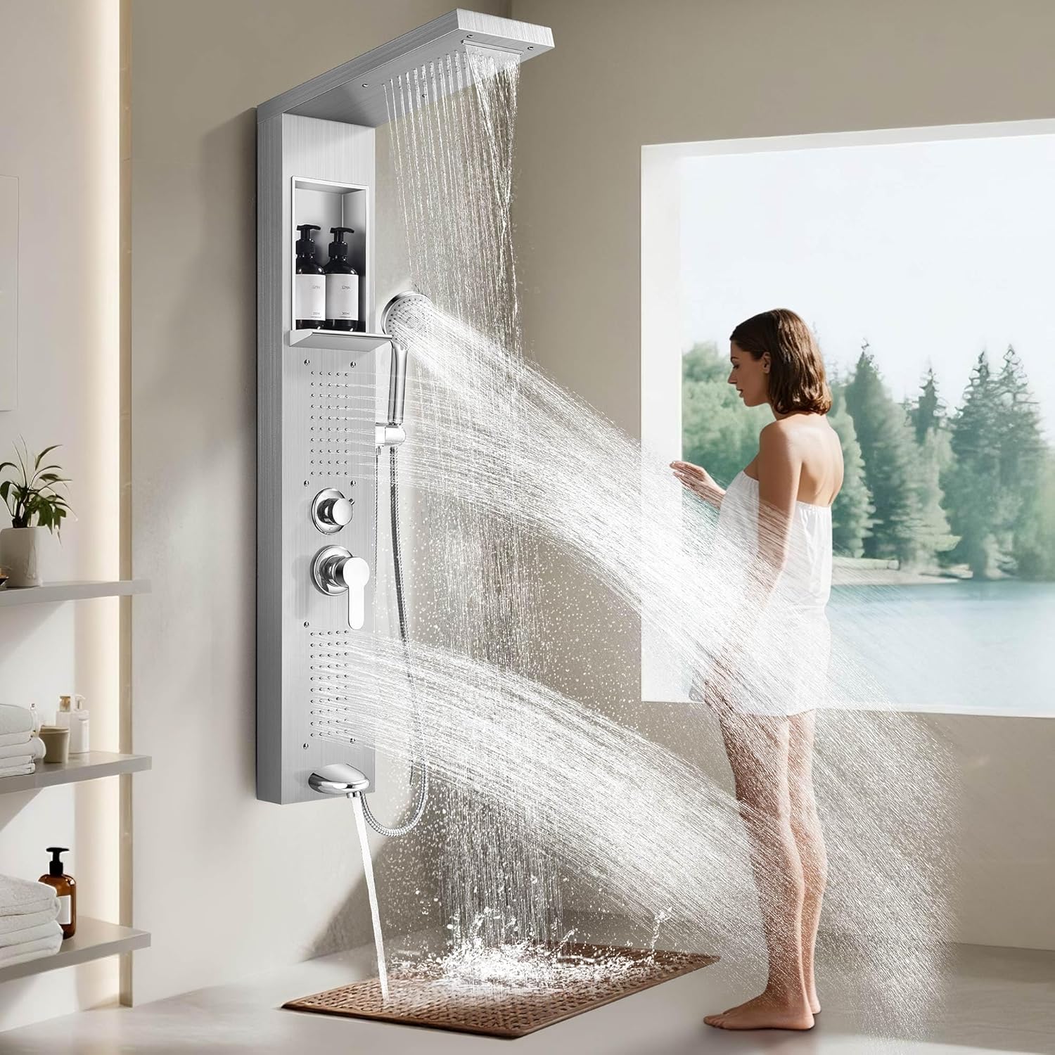 Shower Panel System, Multi-Function Shower Tower With 5 Body Spray, 5 Handheld Settings & Shelf, Rainfall + Waterfall Shower Head, Rain Massage Spa System For Bathroom