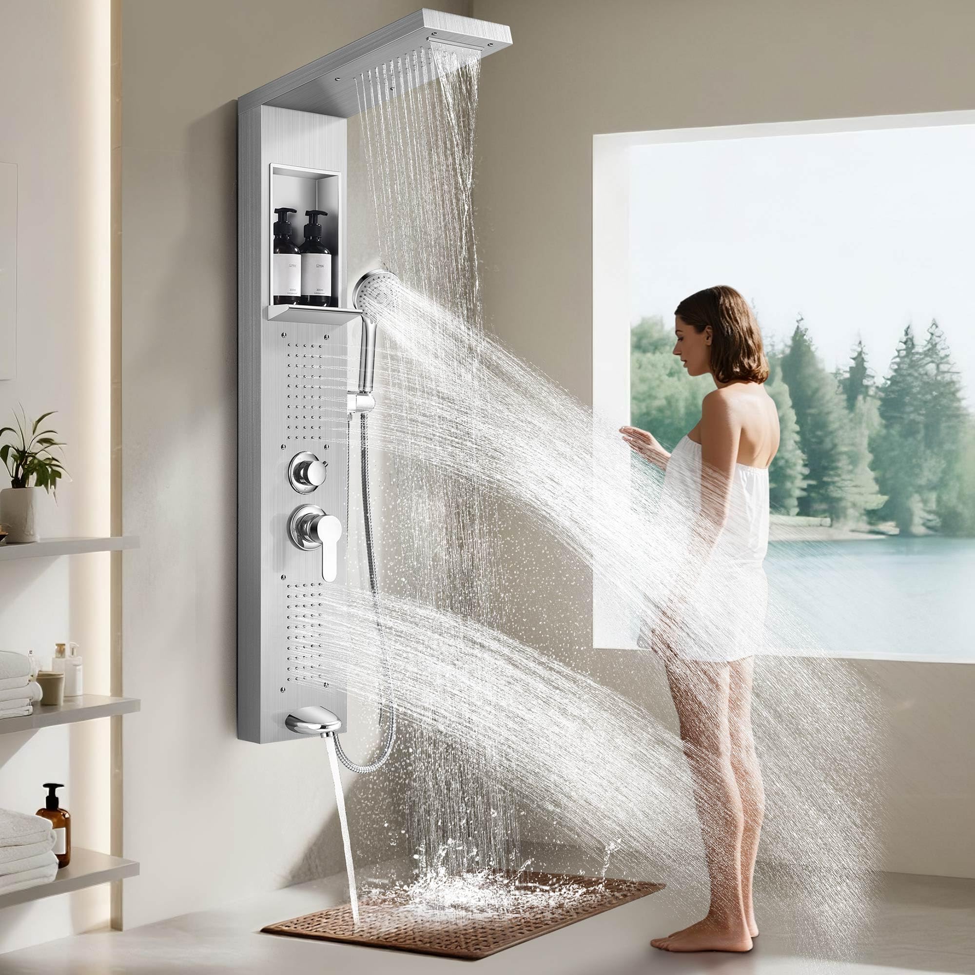 Shower Panel System, Multi-Function Shower Tower With 5 Body Spray, 5 Handheld Settings & Shelf, Rainfall + Waterfall Shower Head