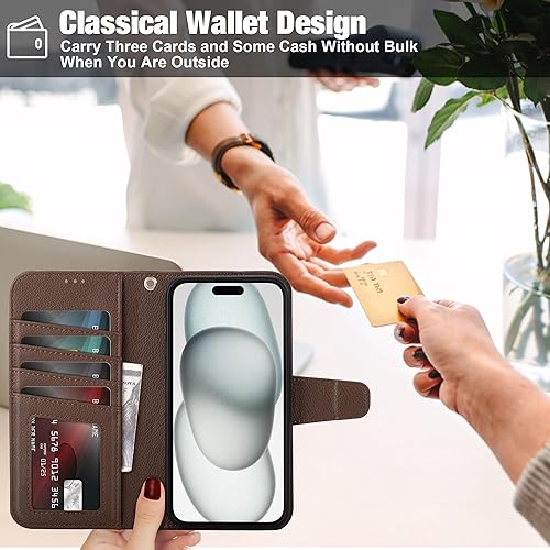 Miniatura 47 de Arae Compatible with iPhone 15 Case with Card Holder and Wrist Strap Wallet Flip Cover for iPhone 15 6.1 inch,Wine Red