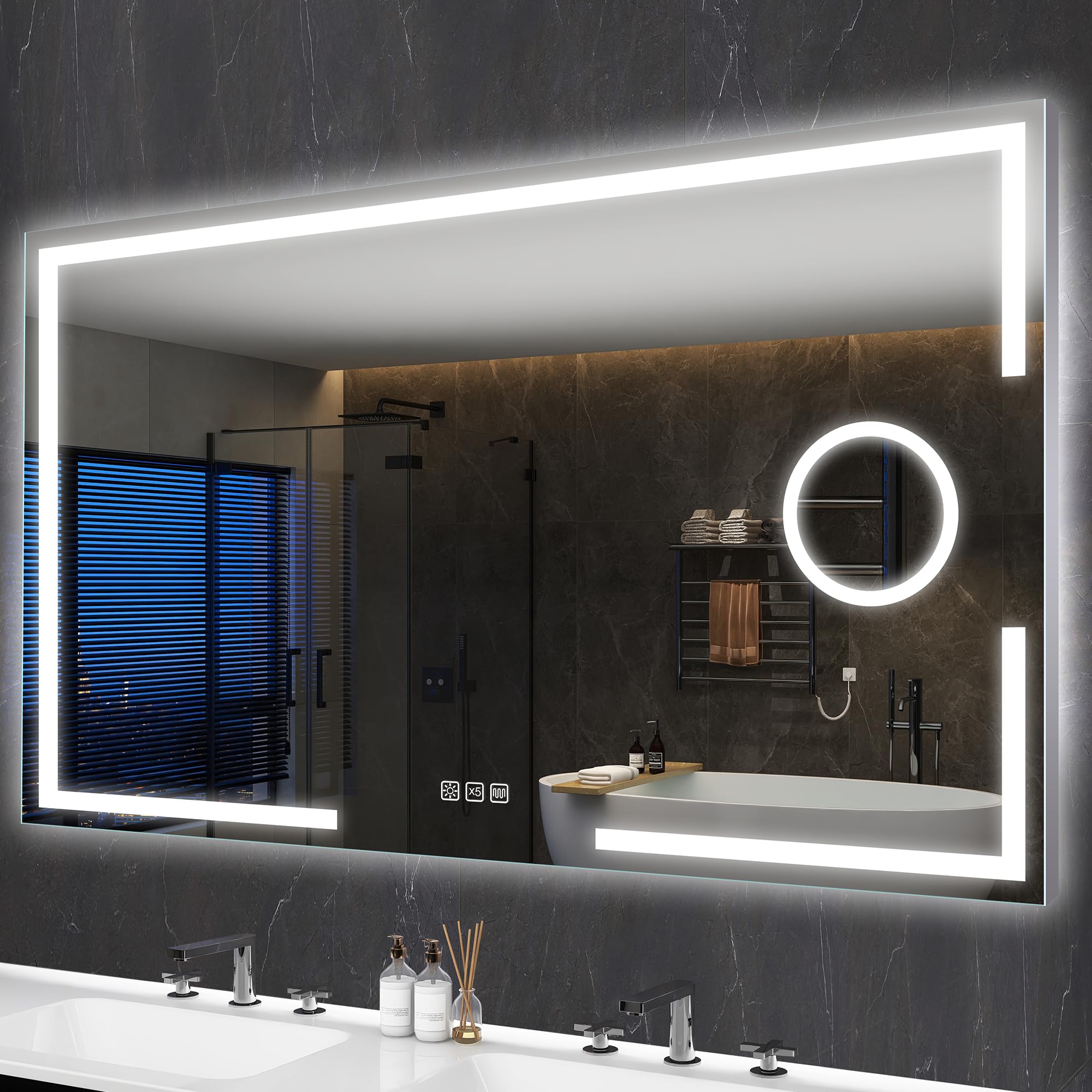 S'bagno 120x70cm Specchio-Bagno-con-Luce, Specchio-Bagno-Retroilluminato-LED con Ingrandimento 5X, Telaio in Alluminio, Antifog, 3 Colori, Dimmerabile, Memoria, HD Temperato, Impermeabile IP44