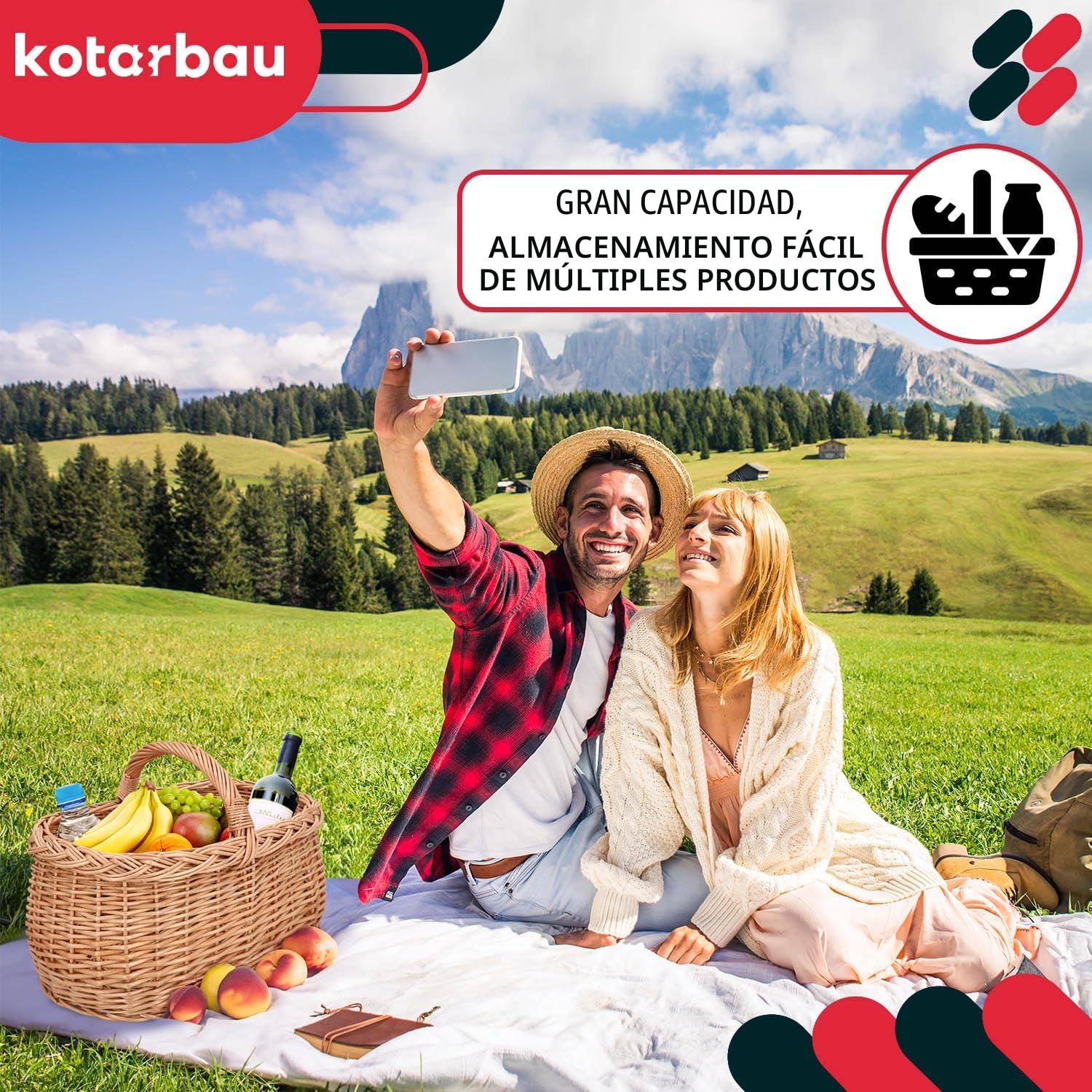 KOTARBAU® Cesta de mimbre con asa, Cesta grande de picnic, Canasta, Cesta de almacenamiento, Decoración, Rústica, Cesta para compra, comida, setas