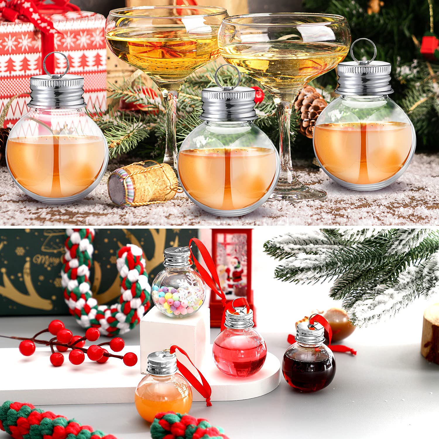 Patelai Lot de 18 Boules de Noël en Forme de Verre à Liqueur en Plastique à remplir pour Sapin de Noël - Bouteilles d'eau pour fêtes de Fin d'année - Intérieur et extérieur (Couvercle argenté)