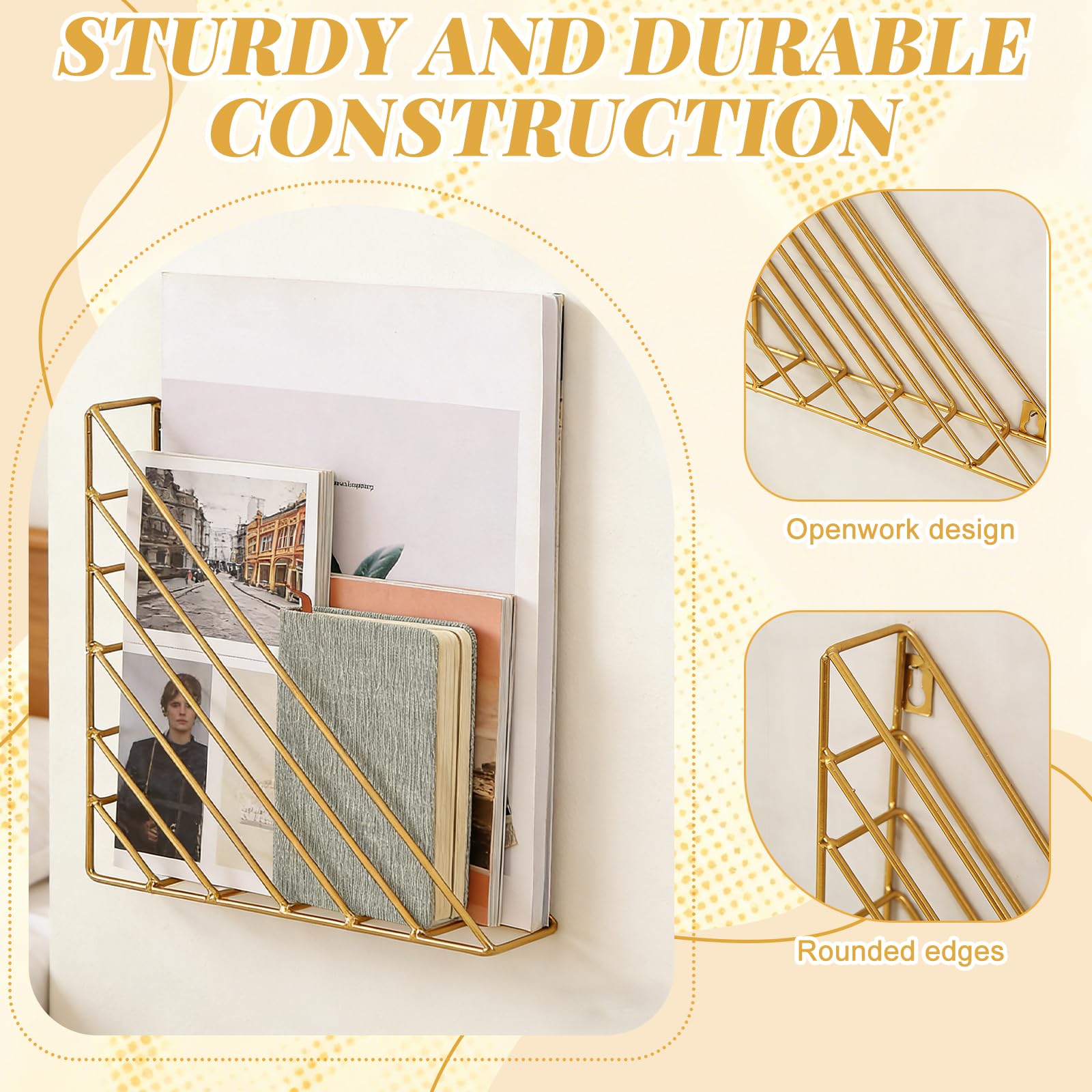 Organizador Pared,Soporte para Revistas Triangular de Metal con Tornillos,Organizador de Oficina que Ahorra Espacio para Salón,Oficina,Escuelas y Bibliotecas(Dorado)