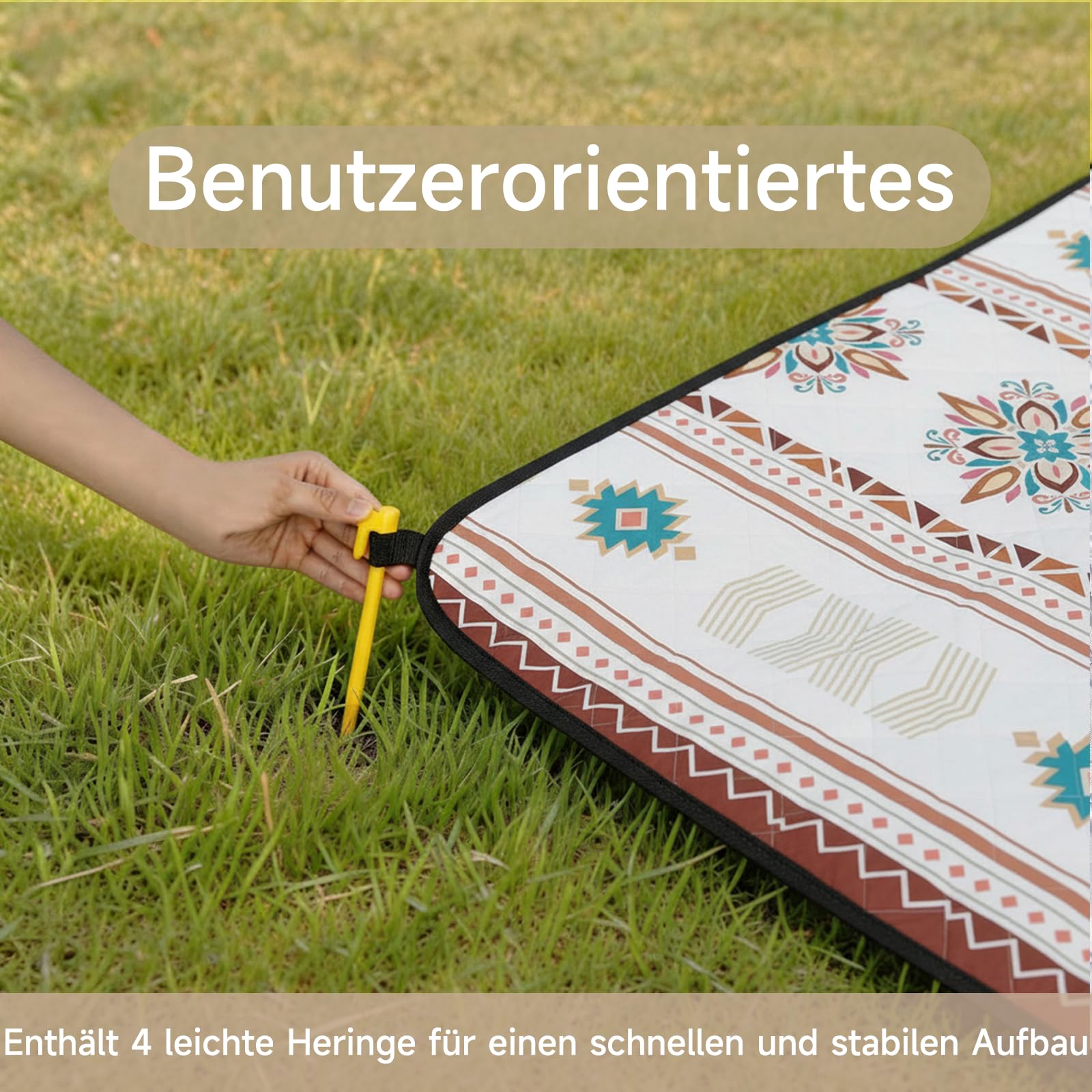 HAUSPROFI Picknickdecke Wasserdicht & Isoliert 200x200 cm Große Picknick Decke mit 3 Lagen Camping Decke Reißfest, 4 Heringe mit Tragegriff & Schultergurt Maschinenwaschbar für Strand, Park, Camping
