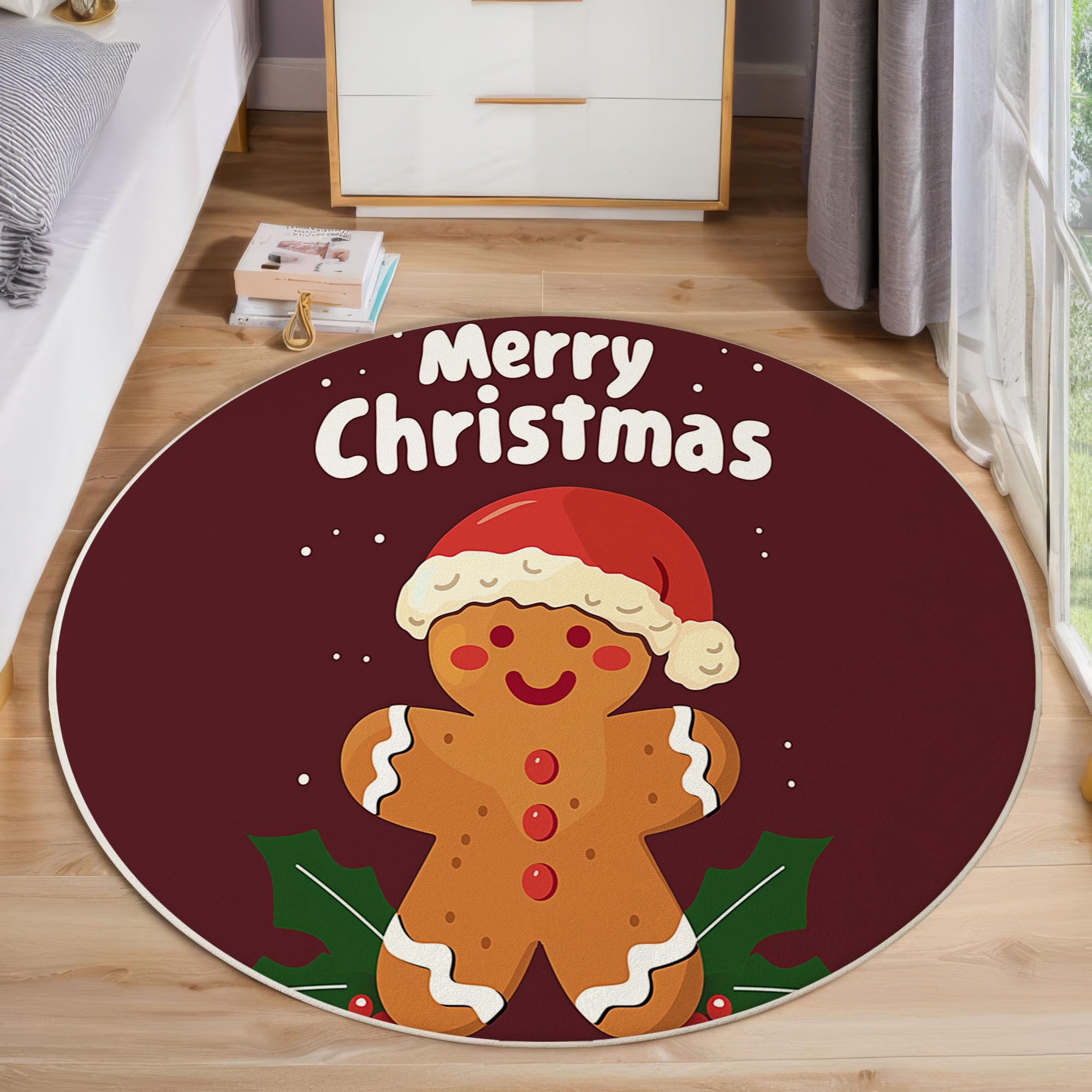 Tapis de Noël rond doux au motif de bonhomme pain d'épice brun et rouge de 100cm