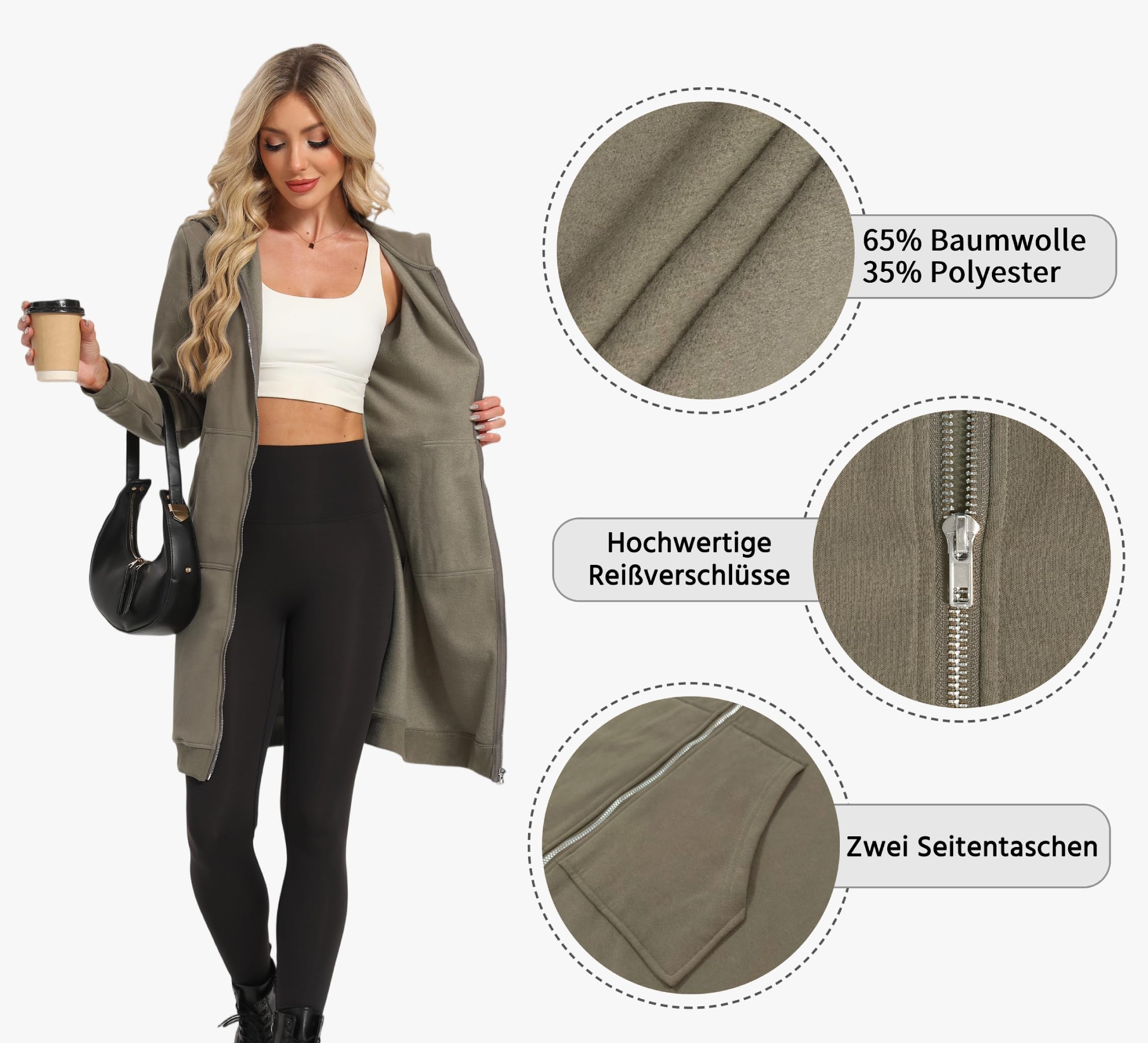 Timuspo Damen Lange Kapuzenjacke Weich und Locker Sweatjacke Einfarbig Zipper Hoodie Oversized Warm Sweatshirt Jacke Kapuzenpullover mit Taschen