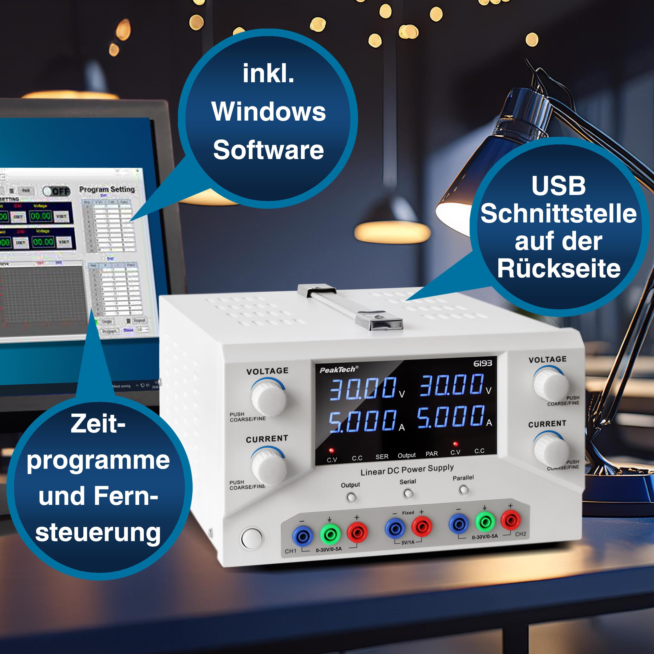PeakTech 6193-2CH Labornetzteil DC 0-30V 0-5A 300W Labornetzgerät USB