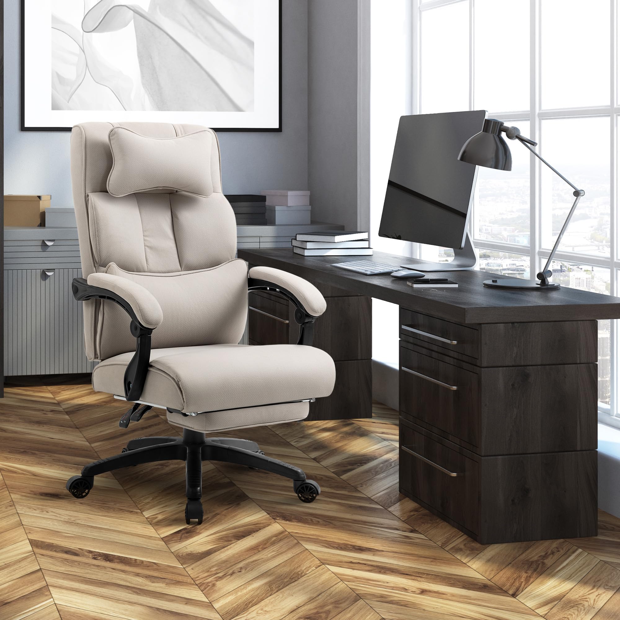 Dowinx Bürostuhl Ergonomisch mit Fußstütze und gepolsterten Armlehnen, ergonomischer Bürostuhl aus Stoff, Drehstuhl mit hoher Rückenlehne, Höhenverstellbar, 150 kg, Beige